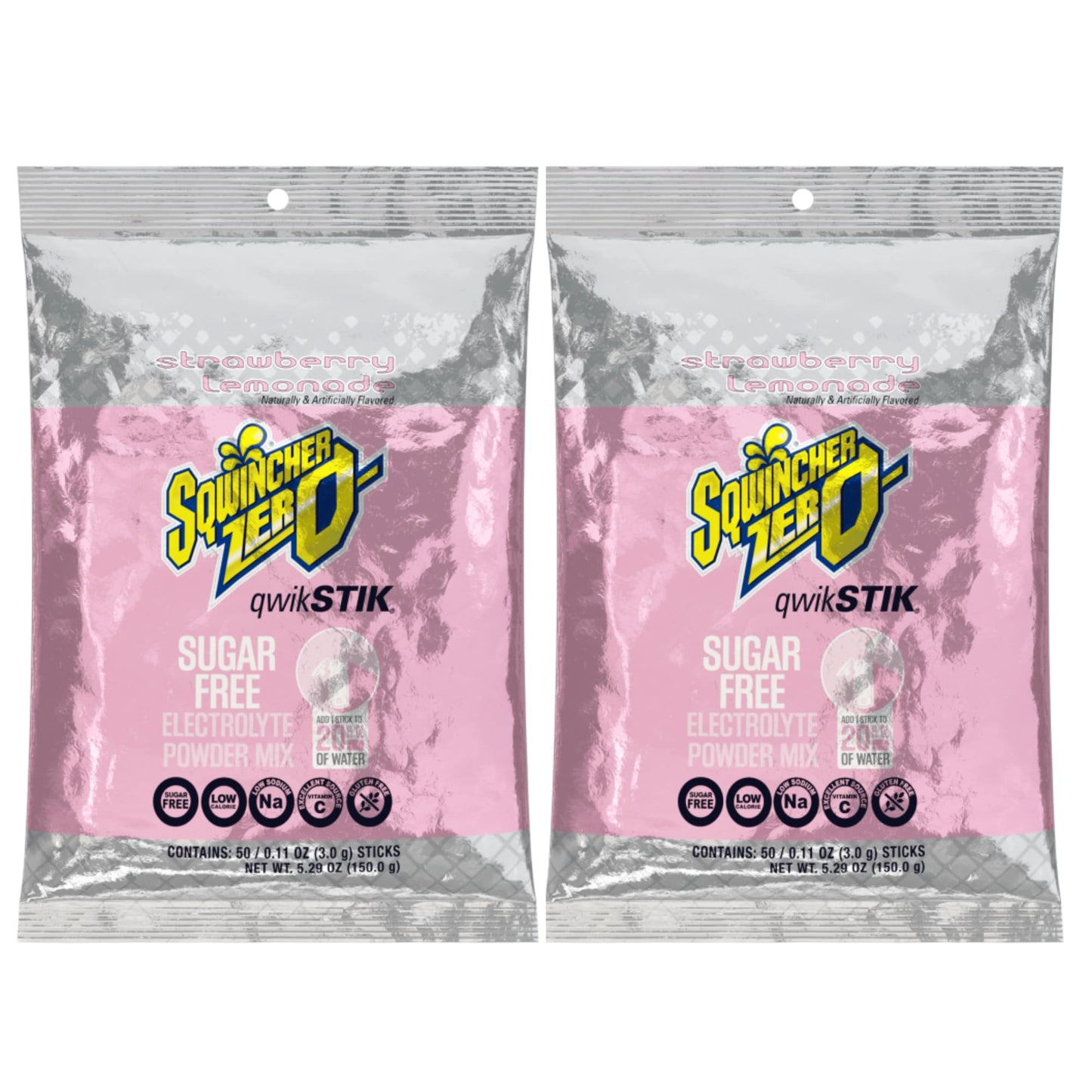 Sqwincher Zero Qwik Stik Electrolyte Powder Mix, 50 Count Bag, Sugar Free, Strawberry Lemonade, Model 060099-SL-50