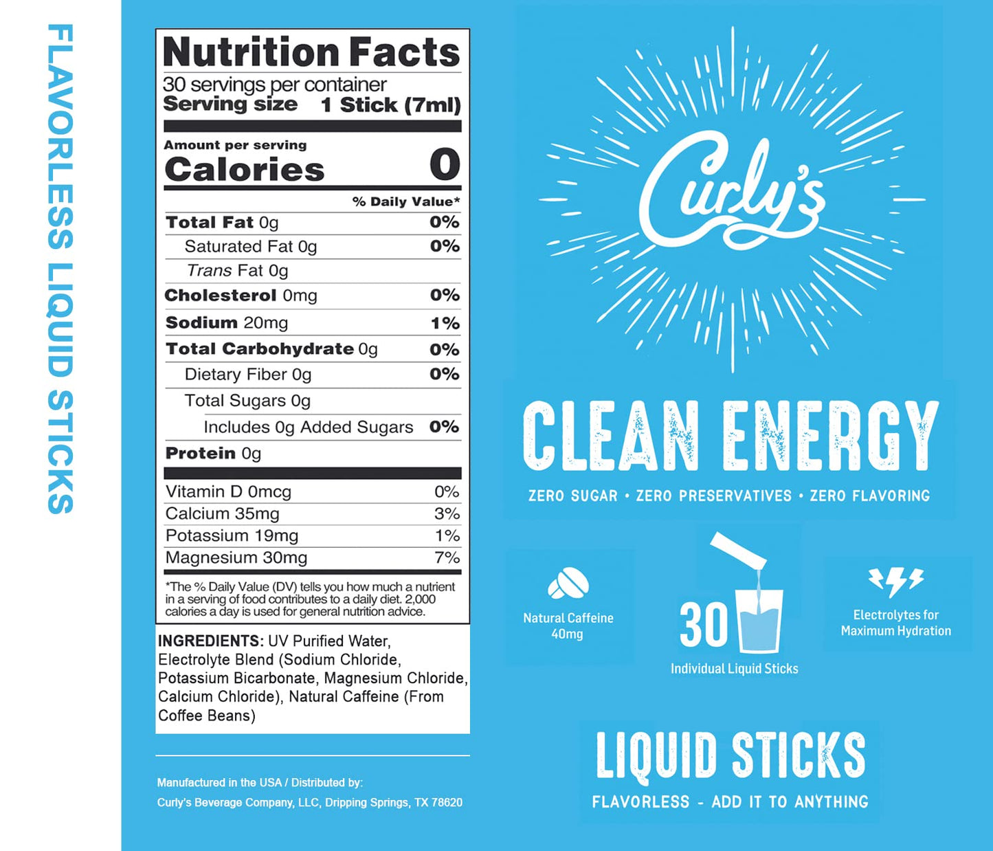 Curlys Clean Energy Caffeine & Electrolyte Sticks - 30 Flavorless Liquid Stick Packs - Keto, Paleo, Whole 30 Friendly