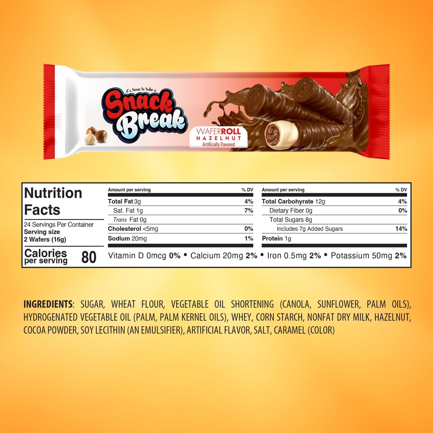 Snack Break Hazelnut Wafer Rolls, Rolled Wafer Cookies, Cocoa Coated Delicious Snack, Individually Wrapped, Crunchy Sticks For On-The-Go, Coffee, Tea, 24 Count (Pack Of 3)