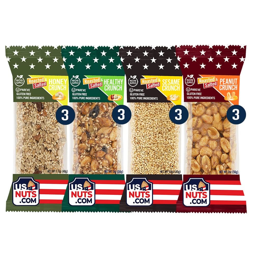 Nutty Crunchers Roasted and Salted Honey Crunch Bar Variety Pack - 12 Bars/Box (4 Flavors)