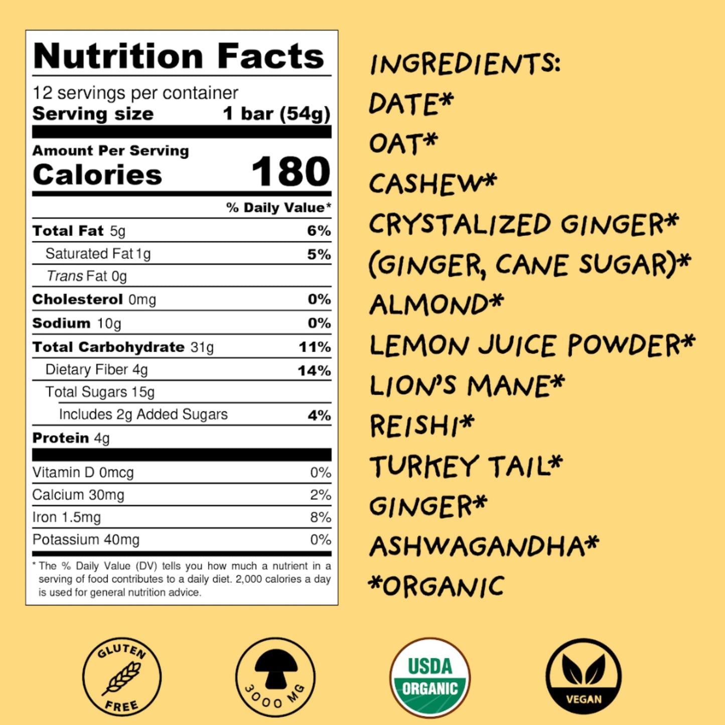 Wise Bar Adaptogen Mushroom Nutrition Bars With Reishi, Lions Mane & Ashwagandha, Organic Vegan & Gluten Free Snacks For Natural Focus, Energy & Immunity Support, Lemon Ginger Flavor, 12 Count