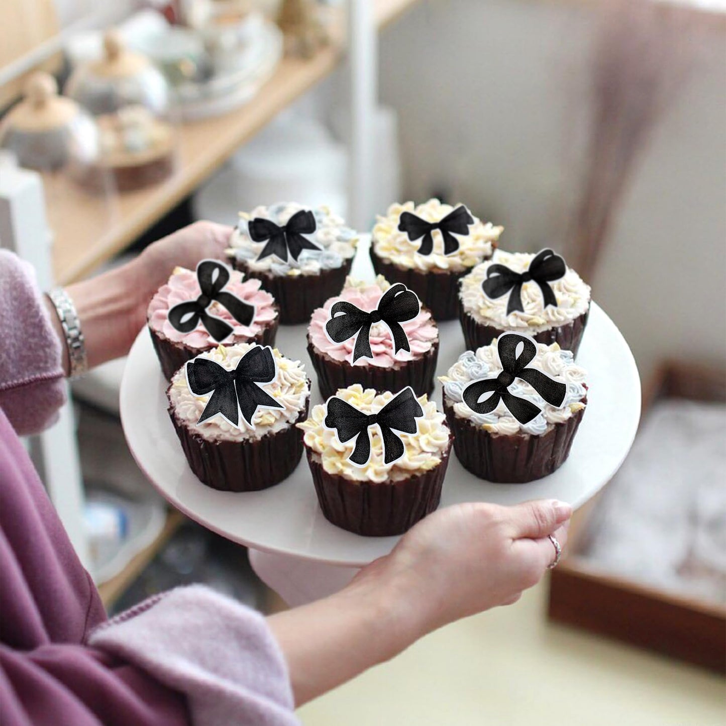 Cyodoos 40Pcs Edible Black Bowknot Cupcake Toppers Wafer Paper Bowknot Cake Dessert Picks Bowknot Drink Topper Baby Shower Princ