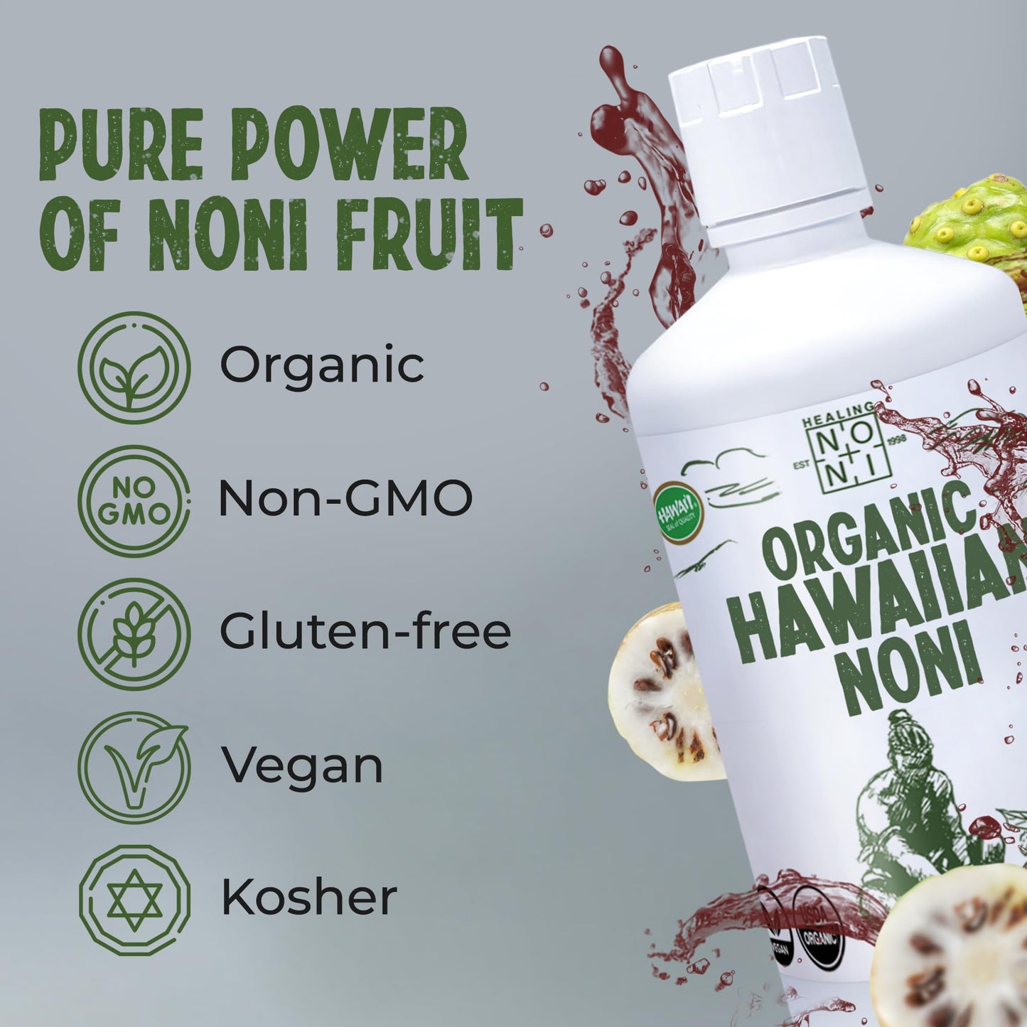 Healing Noni - 2-Pack Plastic Bottle 32oz - 100% Pure Hawaiian Organic Noni Juice - All-Natural - Farm Direct