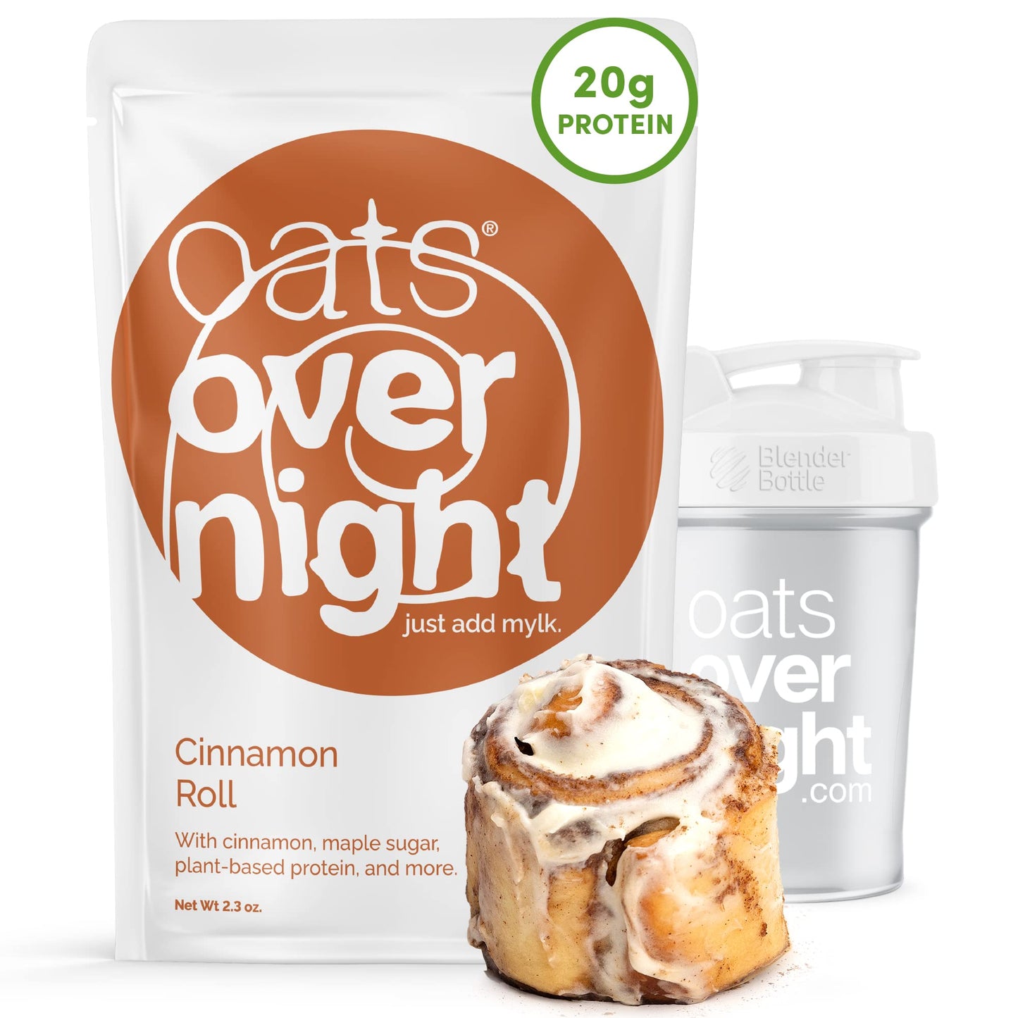 Oats Overnight Cinnamon Roll Vegan Breakfast Shake, 20g Protein, Gluten Free, 8 Pack + BlenderBottle