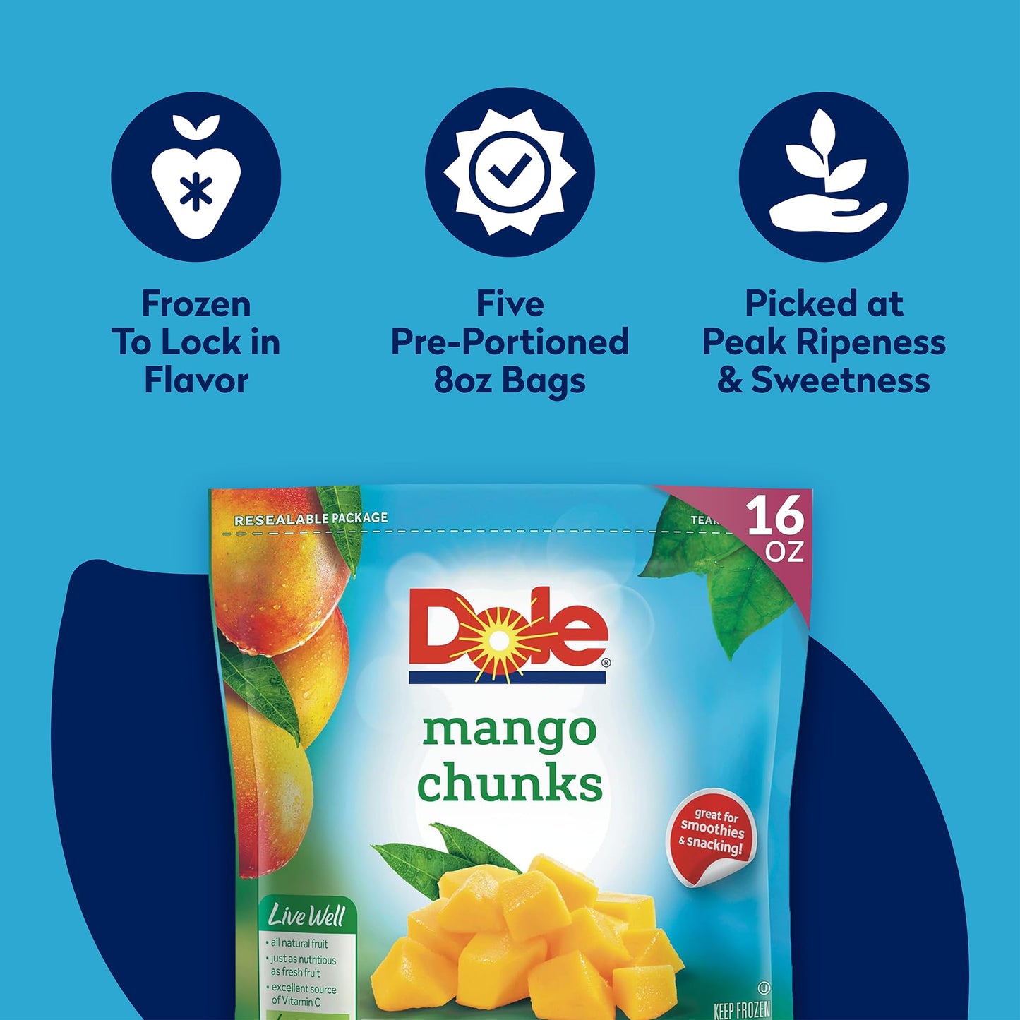 Dole Frozen Mango Chunks, Naturally Gluten Free Fruit, Great for Smoothies, 16 Oz Resealable Bag