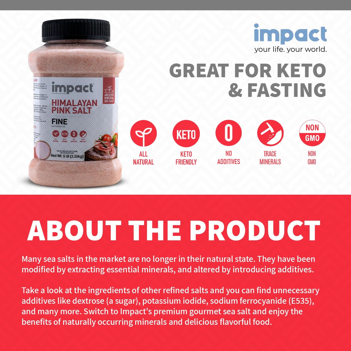 Impact Himalayan Pink Sea Salt - No Additives, Non-GMO, Gluten-Free - 5lb Jar (80 Ounce)