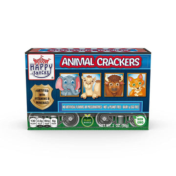 Happy Snacks Animal Crackers - Non GMO, Plant Based Ingredients, Nut & Peanut Free, Fortified with Essential Vitamins & Minerals