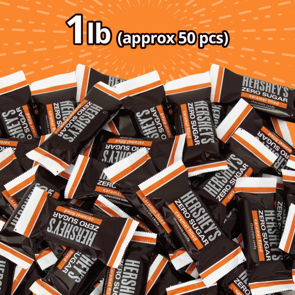 Hershey Zero Sugar Caramel Filled Chocolate Candy 1 Pound Approx 50 Pieces - Individuuly Wrapped Sugar Free Candy Bars For Parti