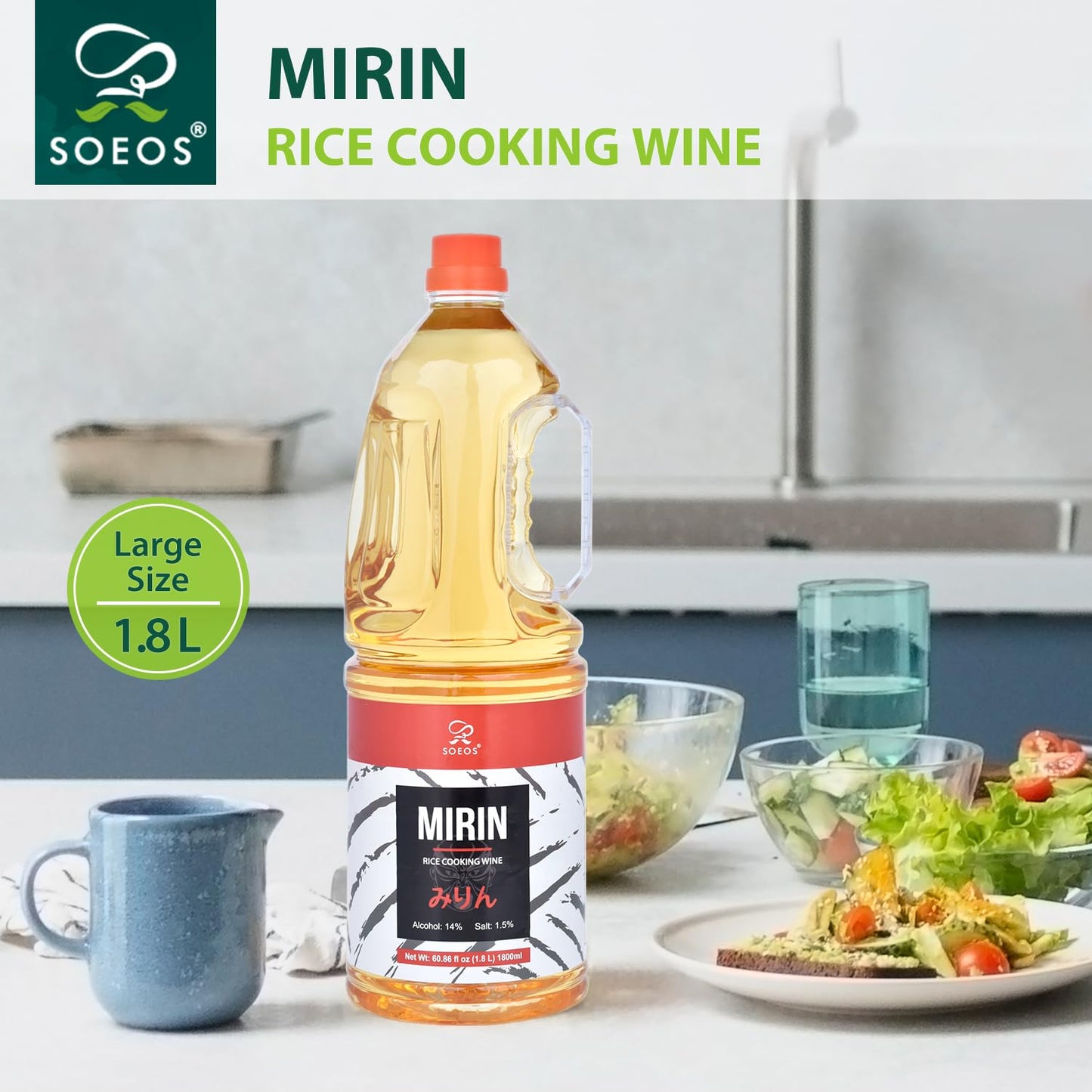 Soeos Mirin Rice Wine, Authentic Japanese Cooking Wine, 1.8 L (60.86 fl oz), Natural Sweet Rice Cooking Wine