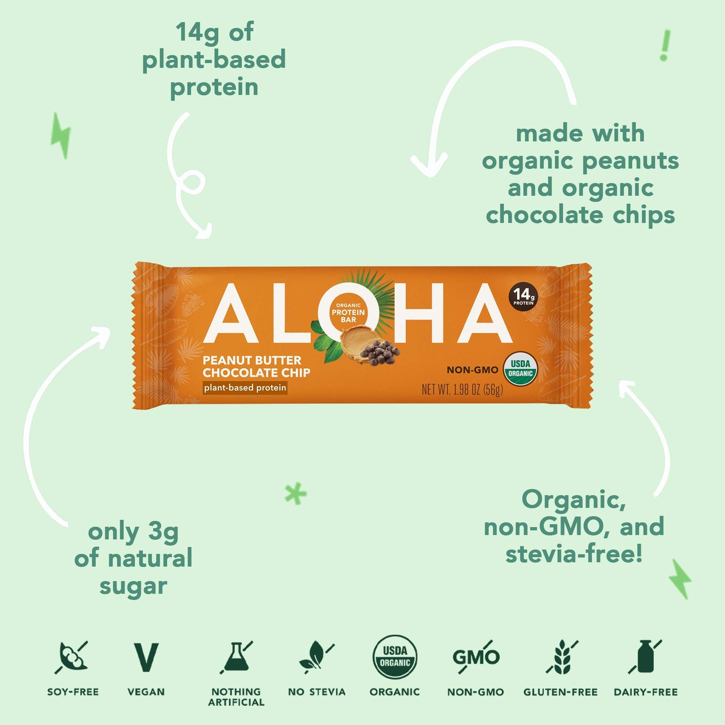 Aloha Organic Plant Based Protein Bar Peanut Butter Chocolate Chip , 1.98 Oz