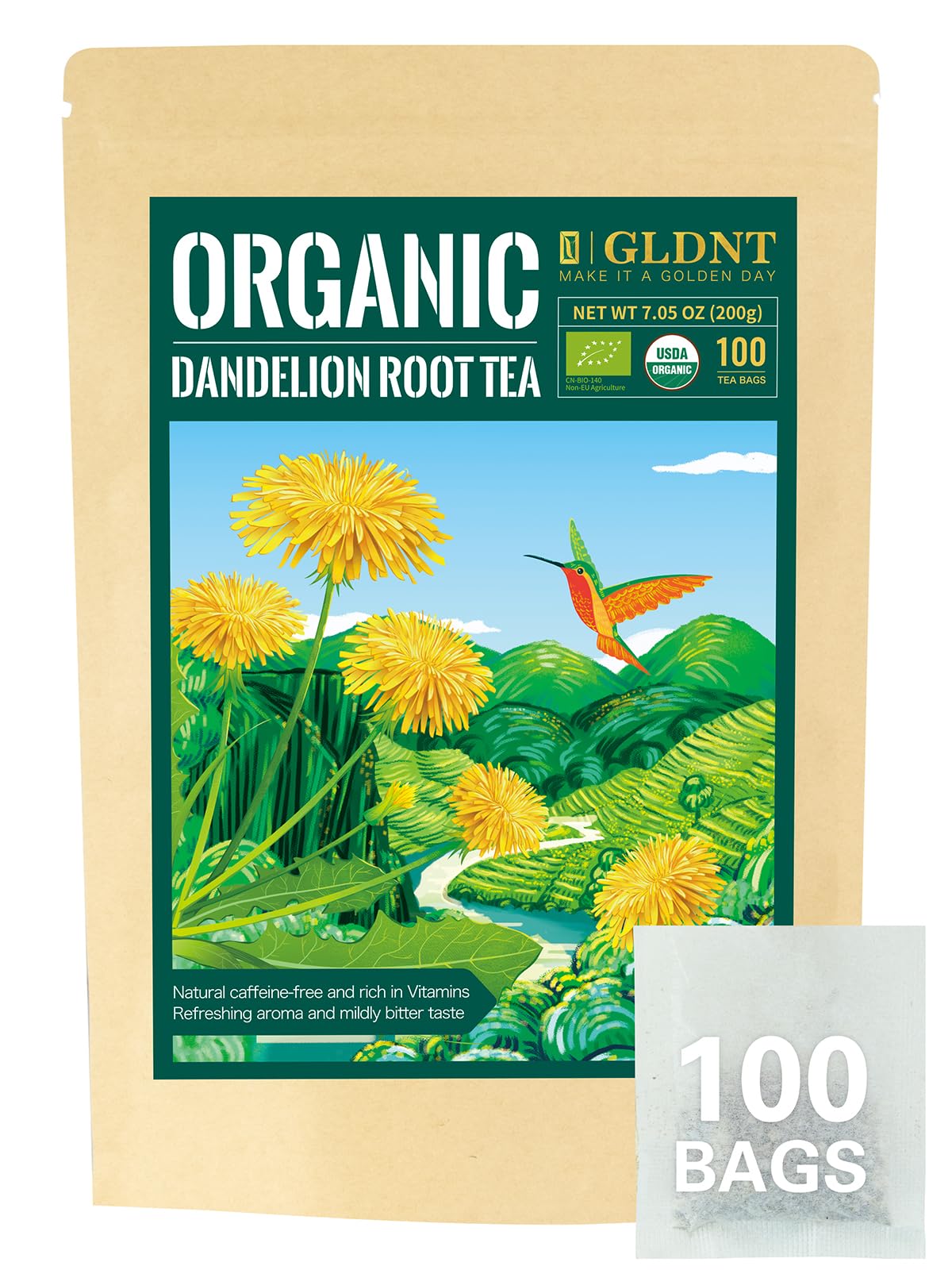 Gldnt Organic Dandelion Root Tea Bags, Enhanced Organic Raw Dandelion Root Tea, Smooth Taste, Caffeine Free, 100 Count