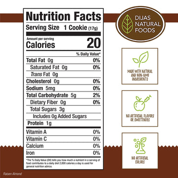 Dijas Natural Foods, Crunchy Fat Free Biscotti Cookie, All Natural Preservative Free Ingredients, Delicious Low Calorie Snack (5 Ounces, Raisin Almond)