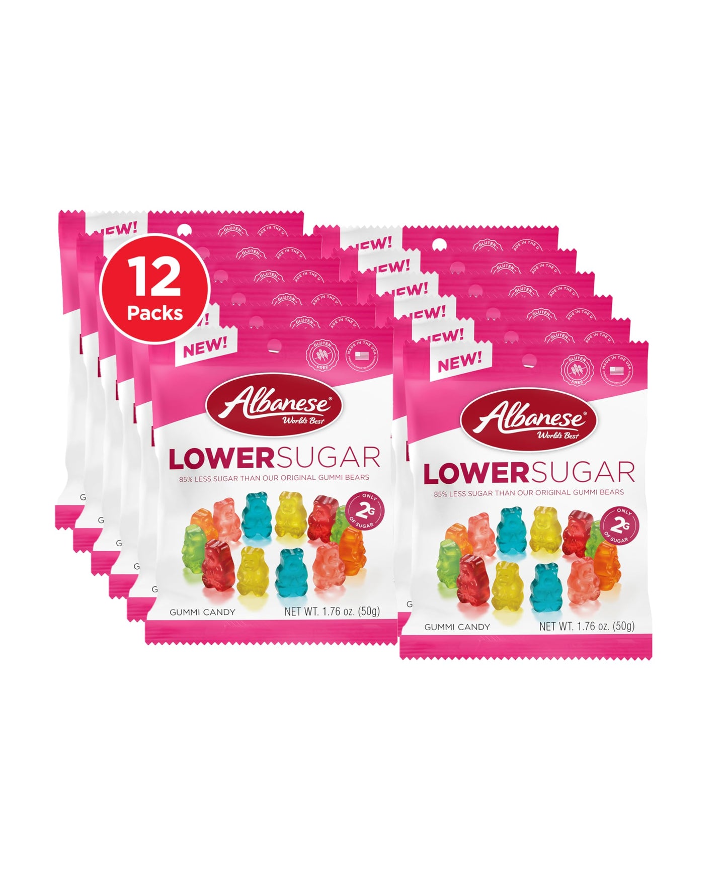Albanese World s Best Lower Sugar, Gluten Free Gummi Bears, 1.76oz Bag (Pack of 12), Individually Wrapped Soft & Chewy Candy Sn
