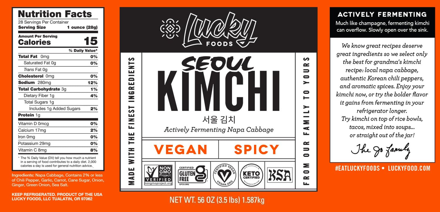 Lucky Foods Seoul Vegan Spicy Kimchi, (56Oz / 3.5 Lbs), Authentic Korean Premium Fermented Napa Cabbage Kimchi (Vegan, Spicy, Ma