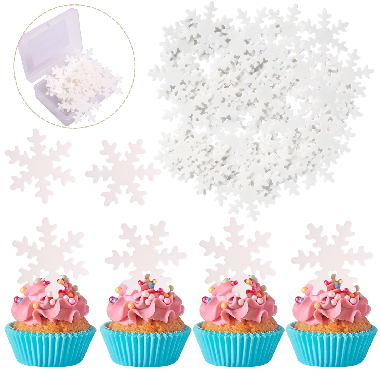 50 PCS White Edible Snowflake Cupcake Toppers Winter Frozen Snowflake Cupcake Picks Rice Paper Snowflake Cake Decorations for Wi