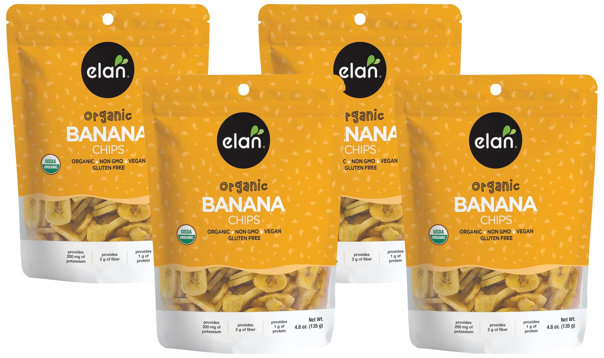 Elan Organic Banana Chips, 4.8 oz, Non-GMO, Vegan, Gluten-Free, Kosher, Sweetened with Organic Sugar, Crunchy Snacks, Sweet Snac