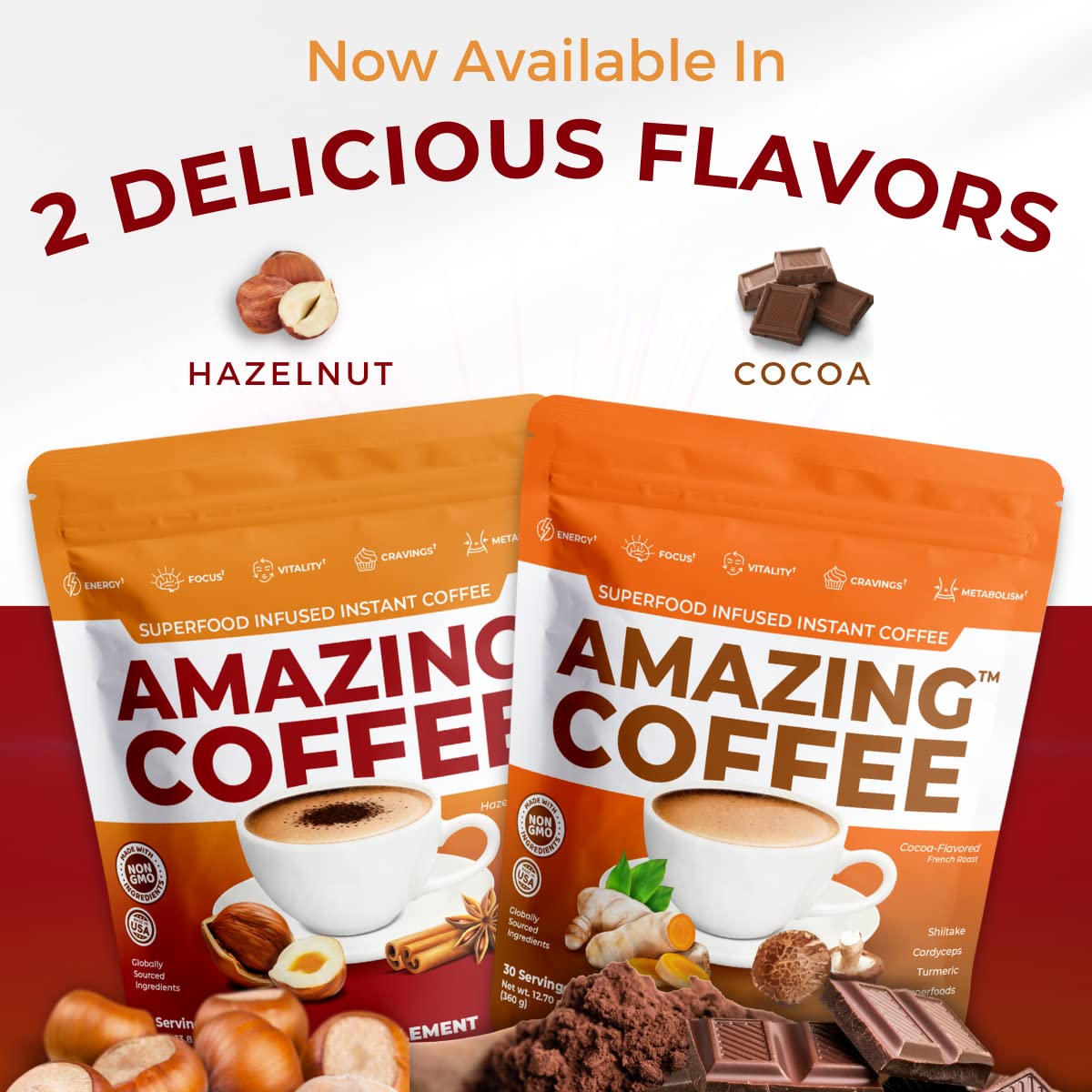 Superfoods Company Instant French Roast Coffee with Adaptogenic Mushrooms, Hazelnut Flavor, 8.47 Ounce