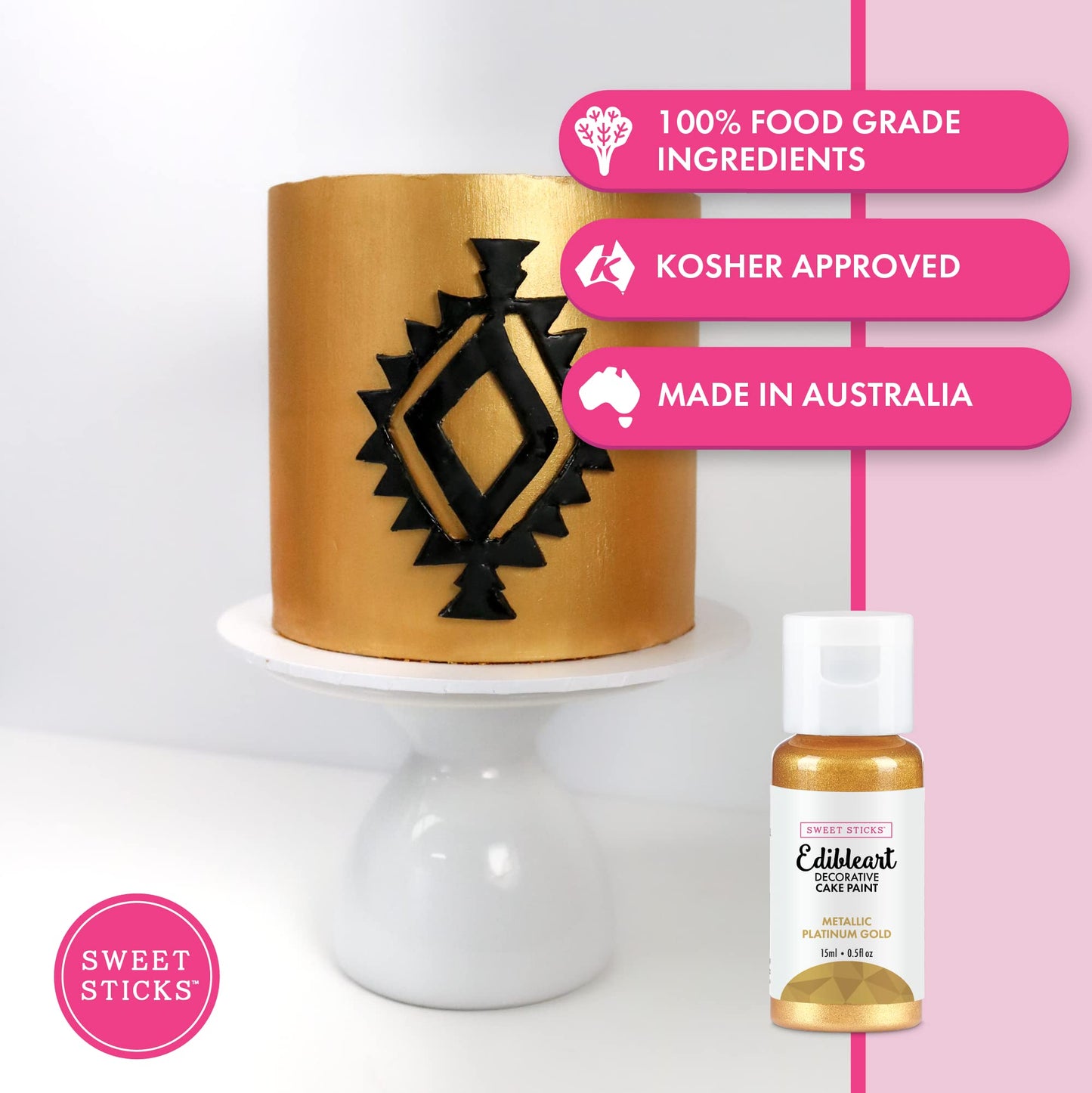 SWEET STICKS Edible Art Cake Paint, Metallic Platinum Gold, 0.5 Fl Oz