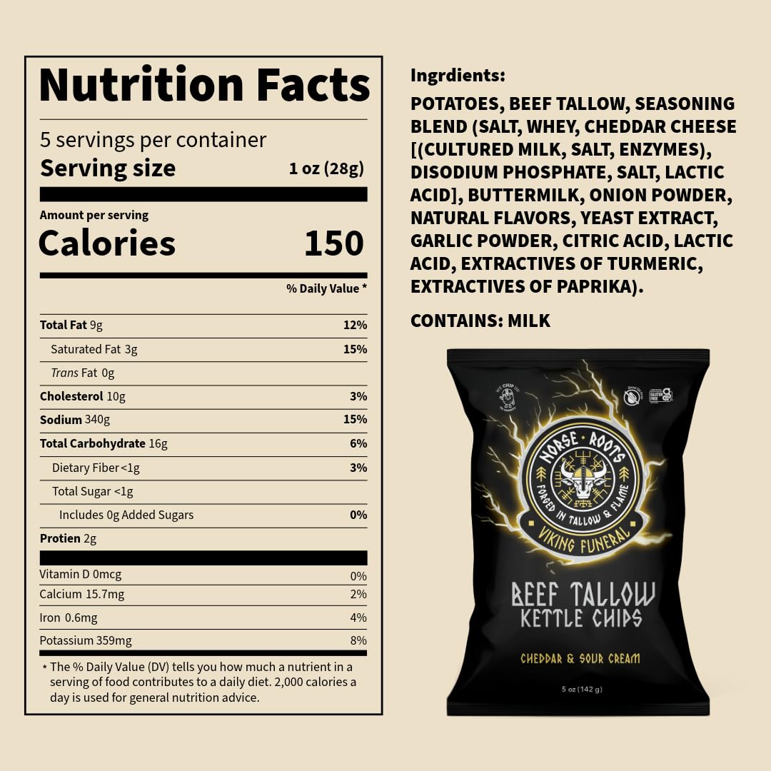 Norse Roots Beef Tallow Kettle Chips Variety Pack - 6 Flavors (Sea Salt  Honey BBQ  Rosemary Steak  Cheddar & Sour Cream  Spicy All Seasoned  Salt & Pepper) - Seed Oil Free  Gluten Free  6 Pack  5 oz Bags