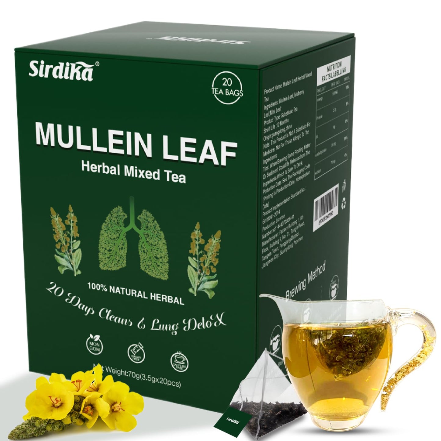 Mullein Tea Bags For Lungs - 20 Teabags (2.47Oz/70G)  100% Pure Natural Top-Grade Mullein Leaf  Mint Leaf  Mulberry Leaf For Lungs Cleanse And Respiratory Support  Herbal Teas  Energy Blend Free (1 Box)