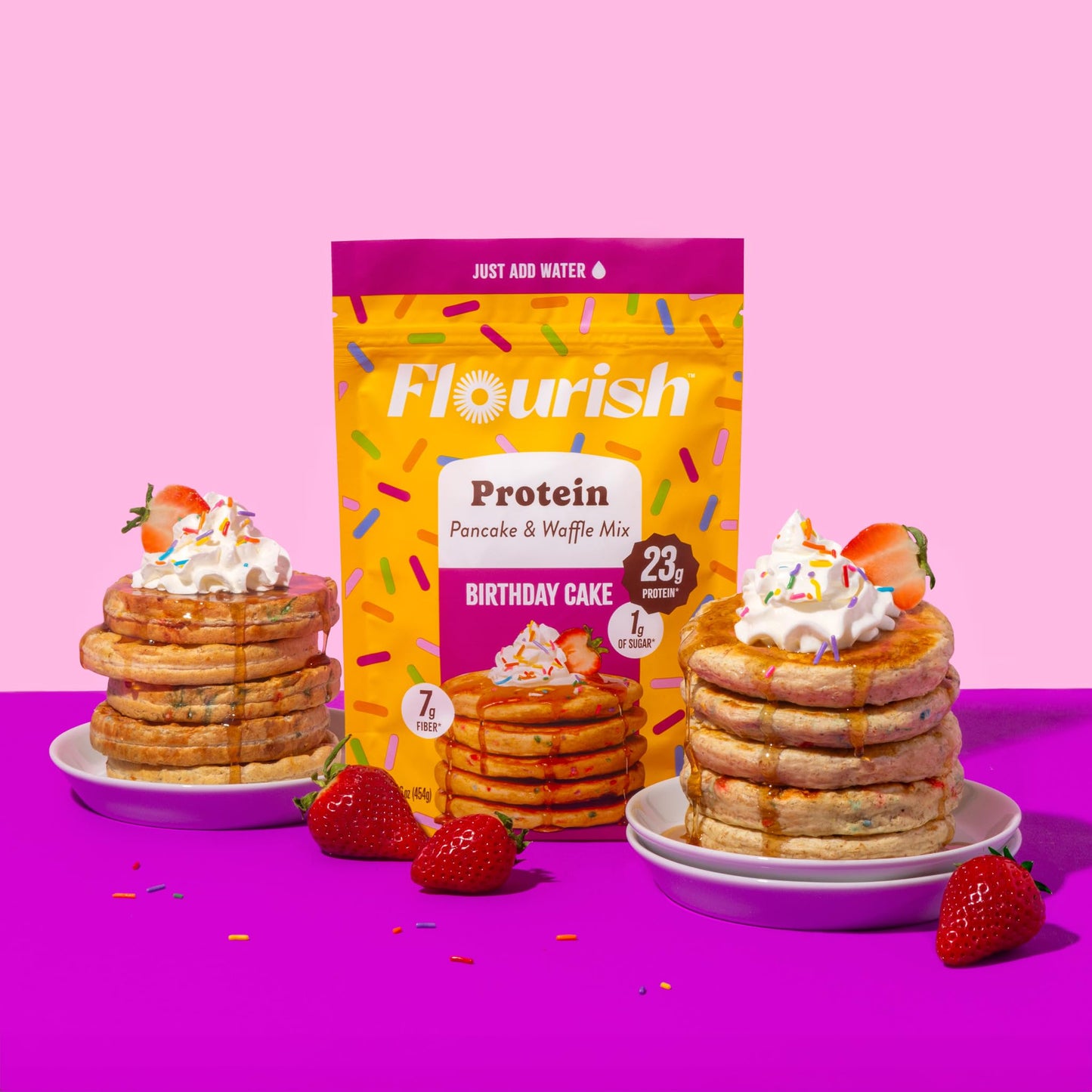 Flourish Protein Pancake & Waffle Mix, Birthday Cake Flavour, 430 g (2 Pack), High in Protein & Fiber, No Added Sugar