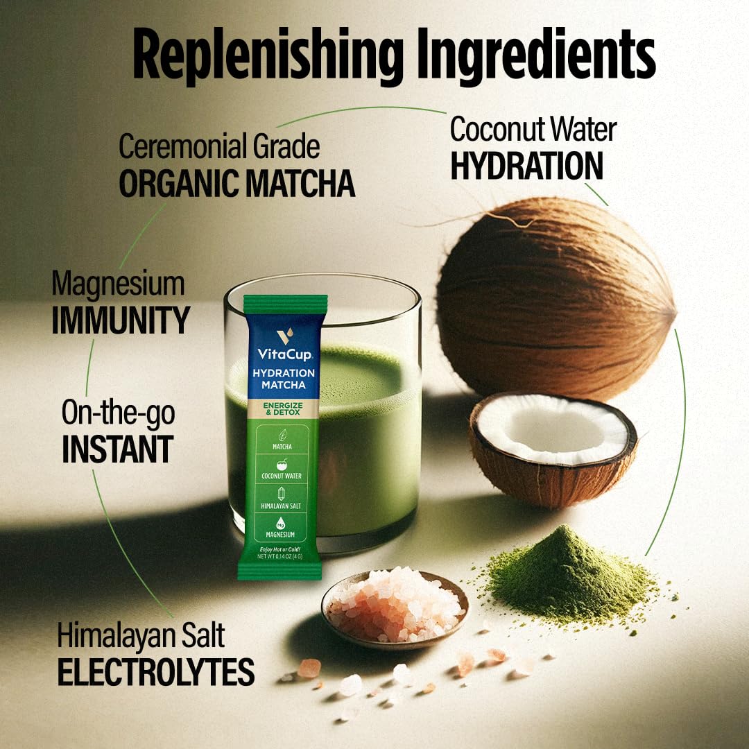 Vitacup Hydration Matcha Instant Packets, For Natural Energy And Detox, W/Electrolytes, Ceremonial Grade Organic Matcha, Coconut