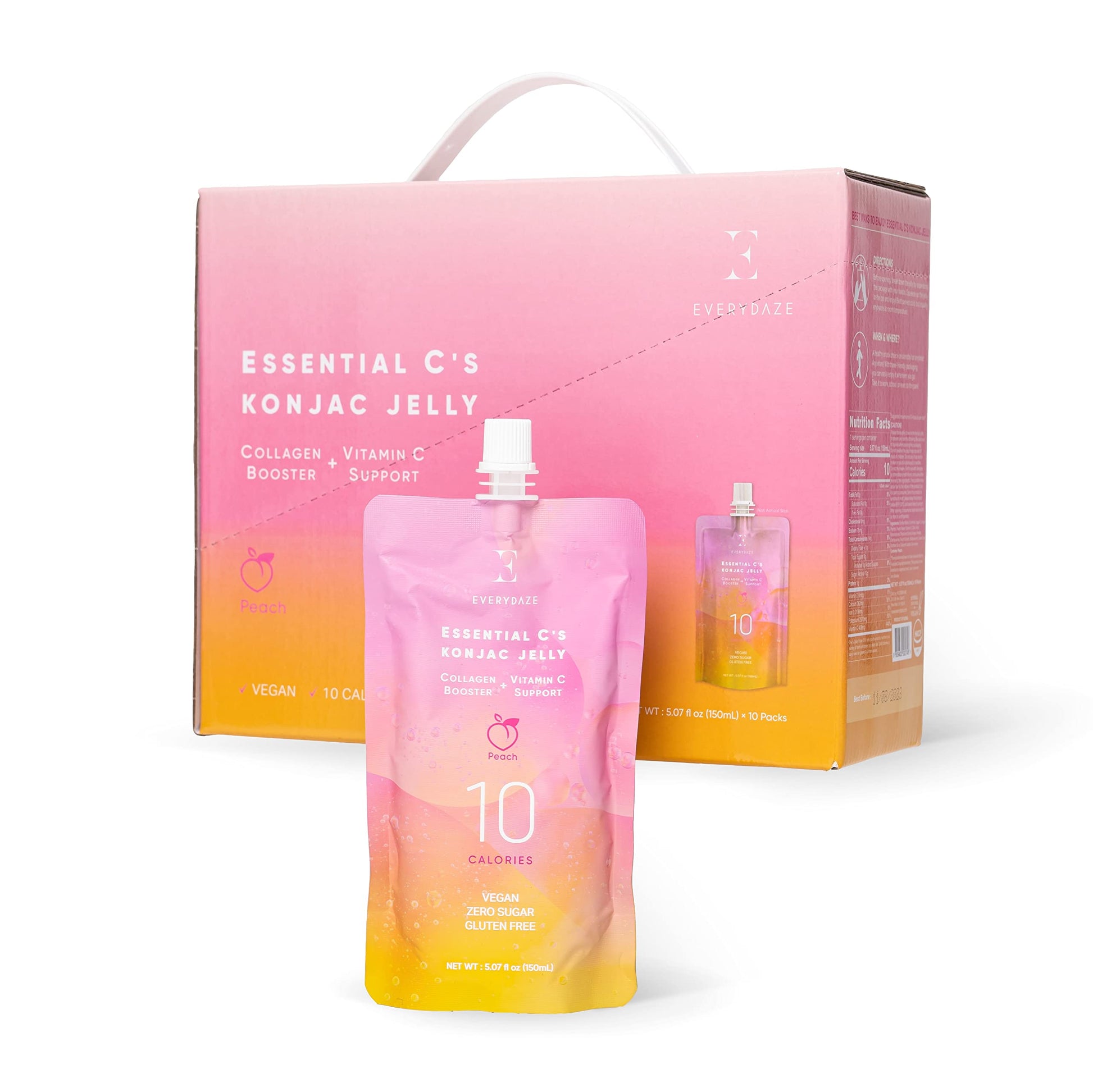 EVERYDAZE Essential Cs Konjac Jelly | Peach | Vegan Collagen Peptides, Gluten Free, Sugar Free, Low Calorie | Healthy Drinkable 