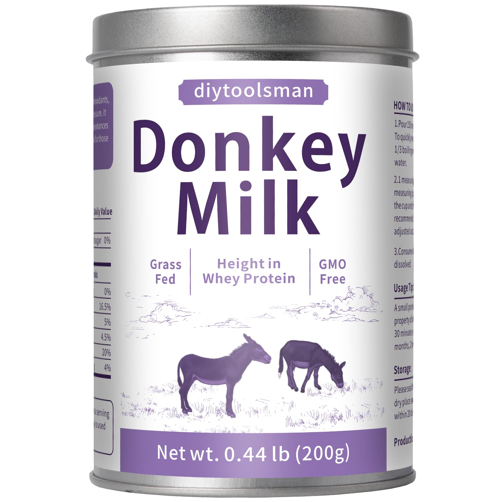 200g Donkey Milk Powder - 100% Organic Donkey Milk, Not Easy to Clump - Rich in Whey Protein, Vitamins & Minerals - Immune Boost