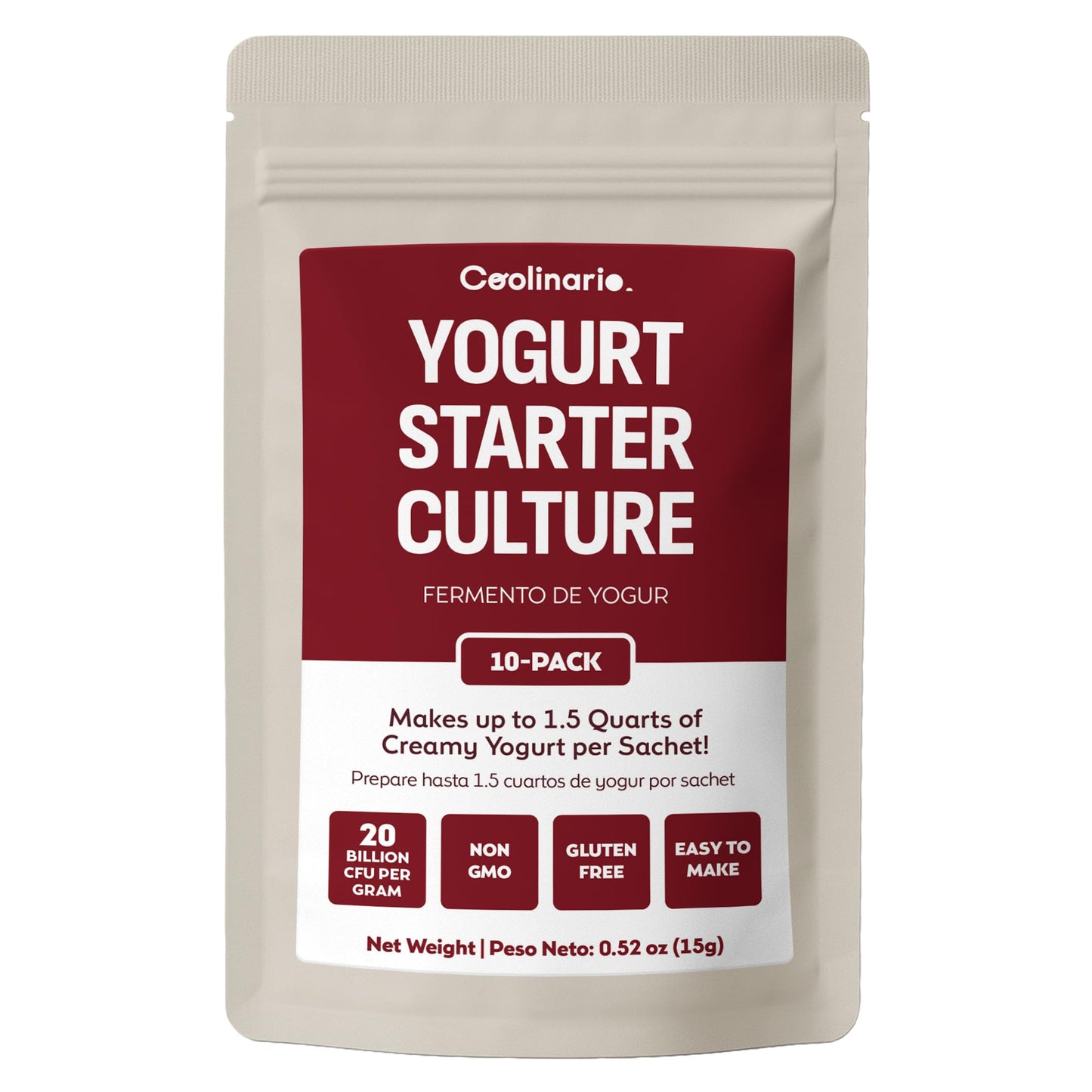Coolinario Yogurt Starter Culture (10-Pack, 1G Sachets) Live Cultures For Homemade Yogurt | Creamy, Thick & Delicious | Regular Or Greek Yogurt | Non-Gmo, No Preservatives, Gluten Free, Halal & Kosher