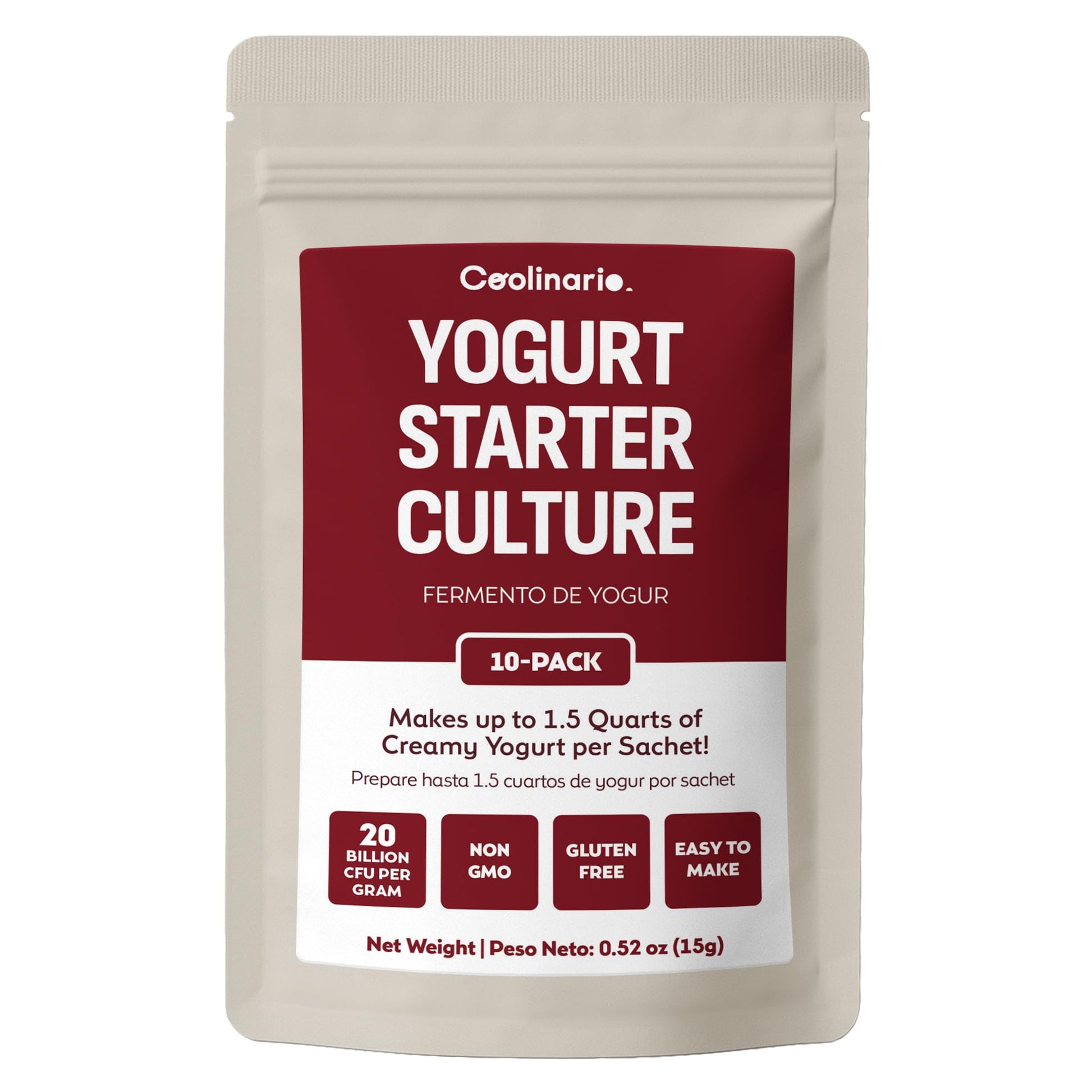 Coolinario Yogurt Starter Culture (10-Pack, 1G Sachets) Live Cultures For Homemade Yogurt | Creamy, Thick & Delicious | Regular Or Greek Yogurt | Non-Gmo, No Preservatives, Gluten Free, Halal & Kosher