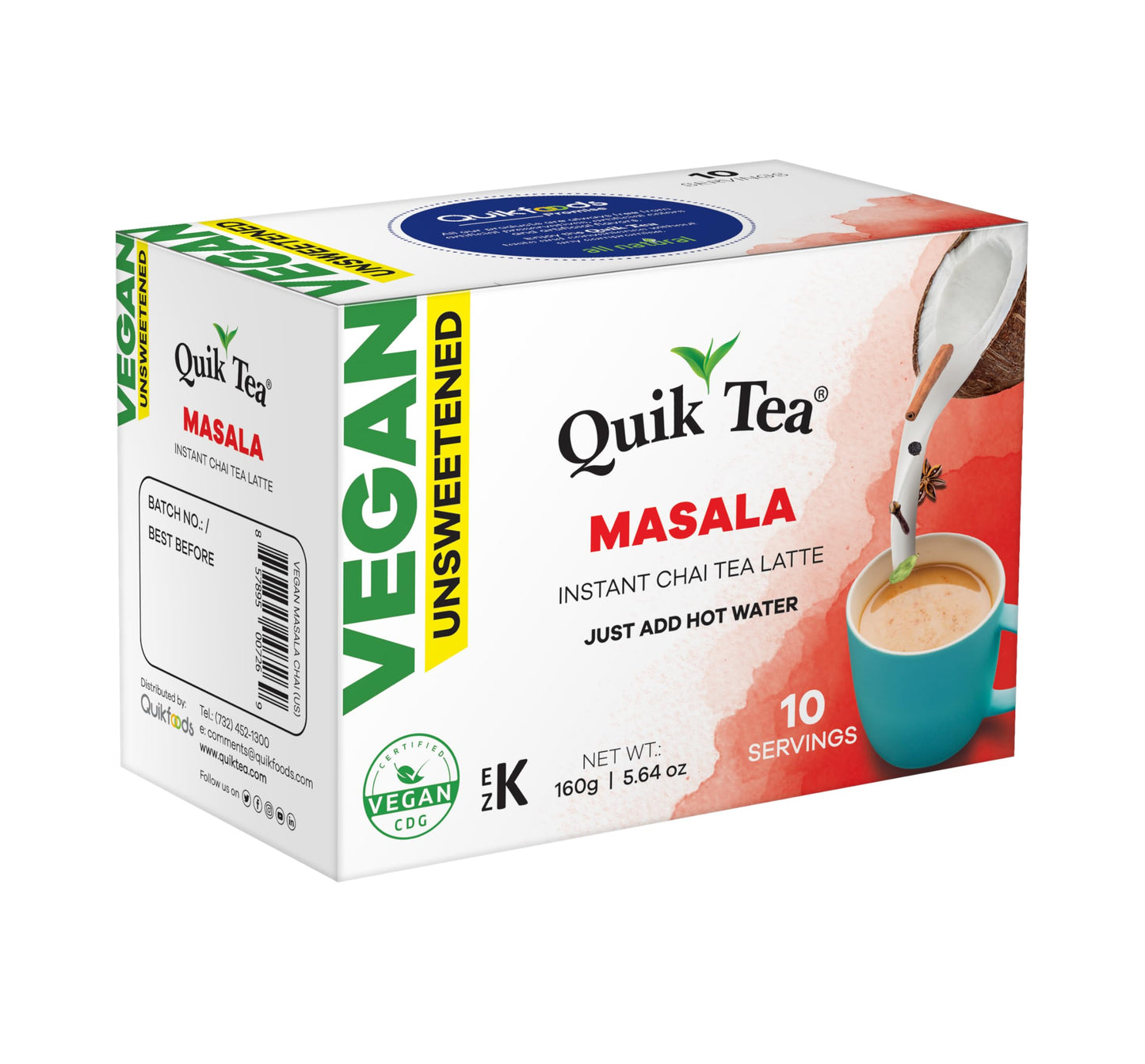Quiktea Vegan Unsweetened Masala Instant Chai Tea Latte - 10 Count Single Box - Convenient, Easy Ayurvedic Dairy Free Alternativ