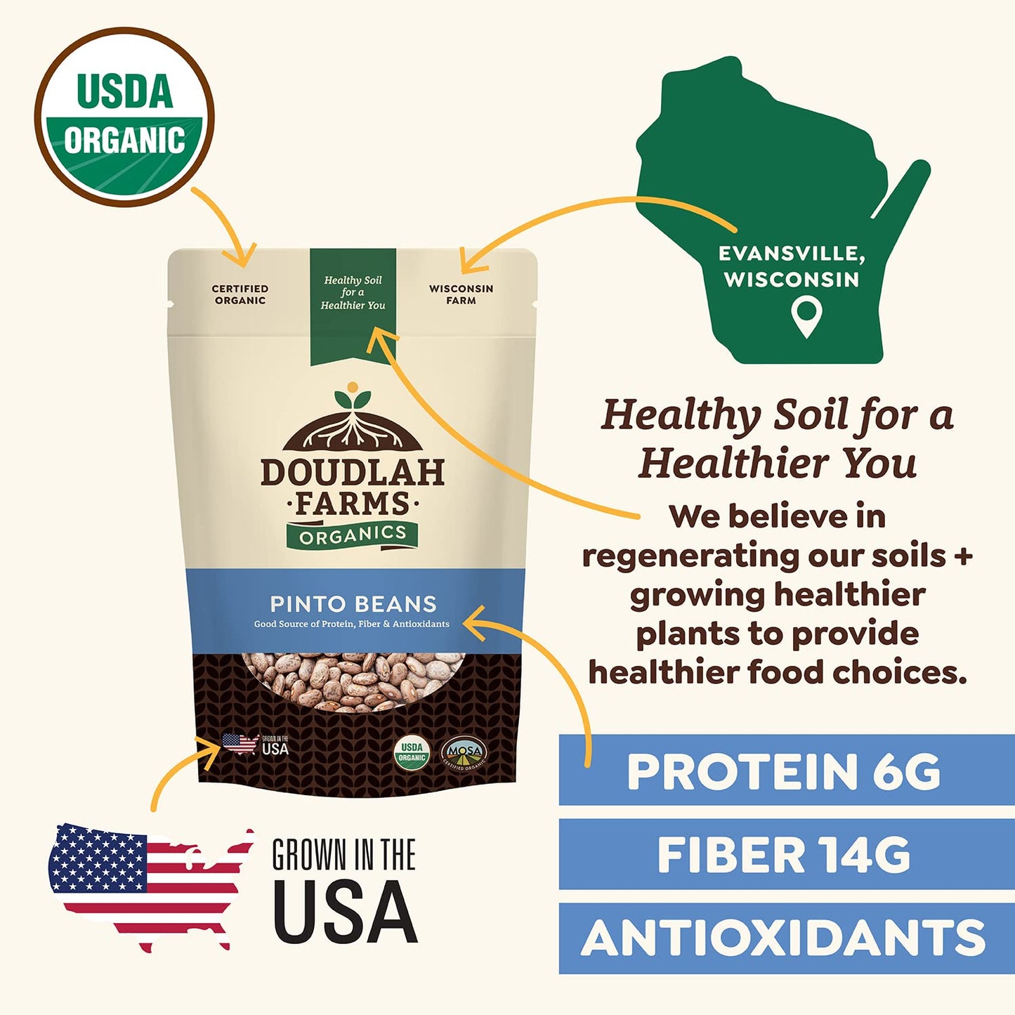 Organic Dried Pinto Beans 5lb Bulk by Doudlah Farms - Farmed From Regenerative Soil | Tested Clean Certified | Vegan, Non-GMO, G