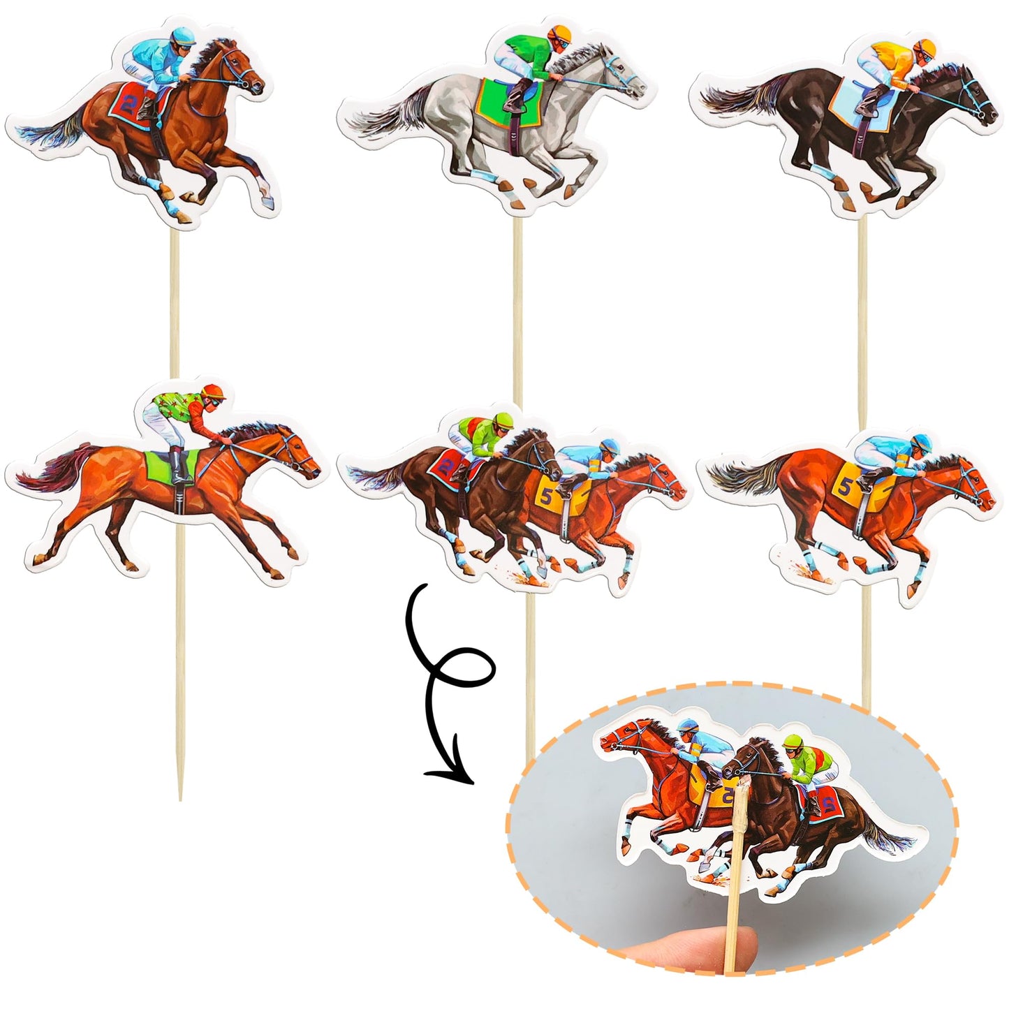 Ephlyn Horse Racing Cupcake Toppers, 36Pcs, Brown/White/Pink/Red, 2.4W x 3.9H, Kentucky Derby Party Supplies
