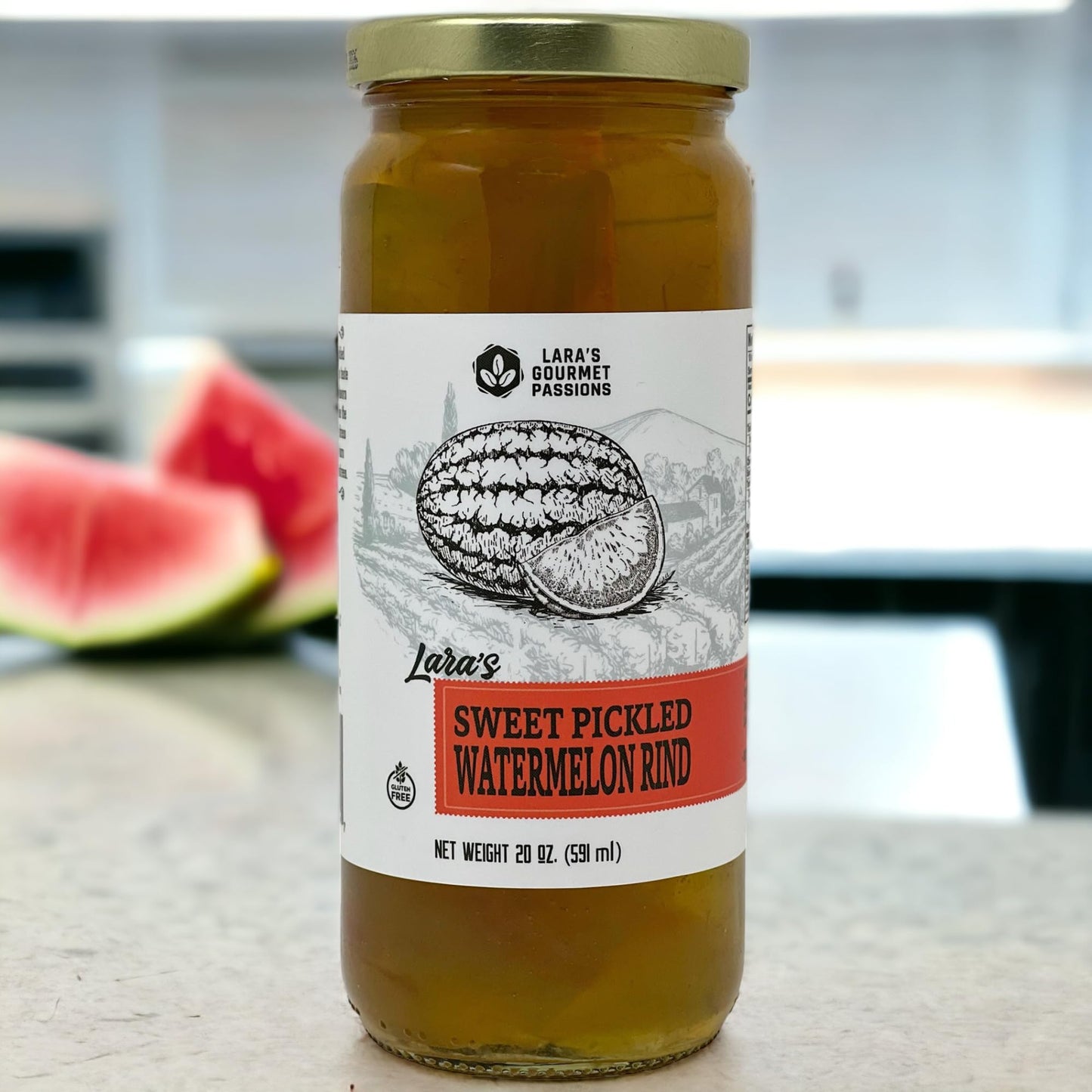 Laras Sweet Pickled Watermelon Rind - Gourmet Pickles in 20oz Glass Jar, 1.25 lb Pack