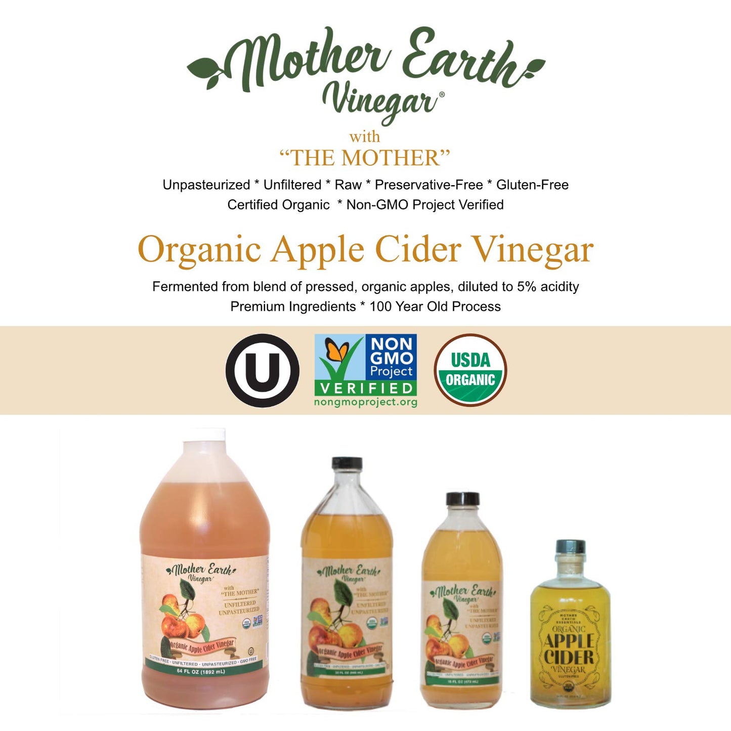 Mother Earth Vinegar Organic Apple Cider Vinegar with The Mother, Raw, Unfiltered, 32 Fl Oz Glass Bottle