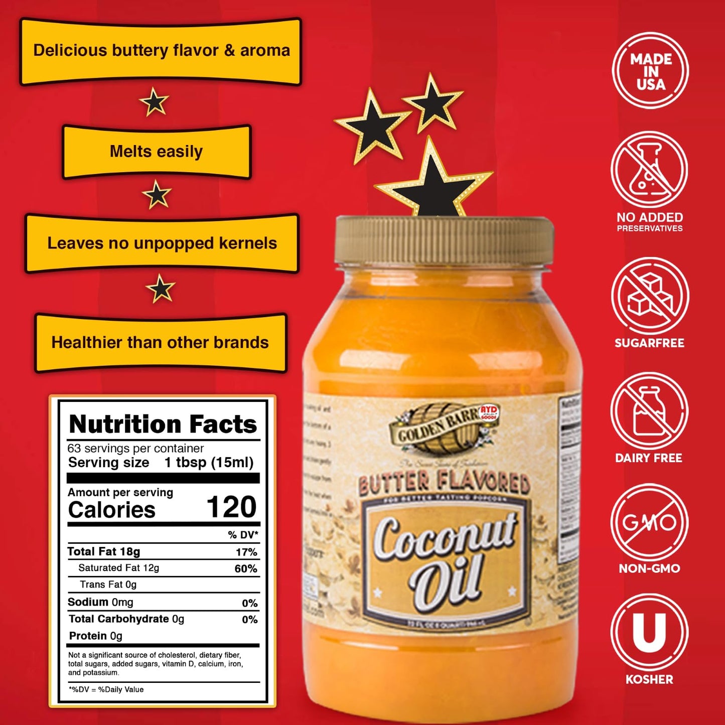 AYD Goods Popcorn Kit - Butter Flavored Coconut Oil 32oz, Seasoning Salt 35oz, 20 Popcorn Bags
