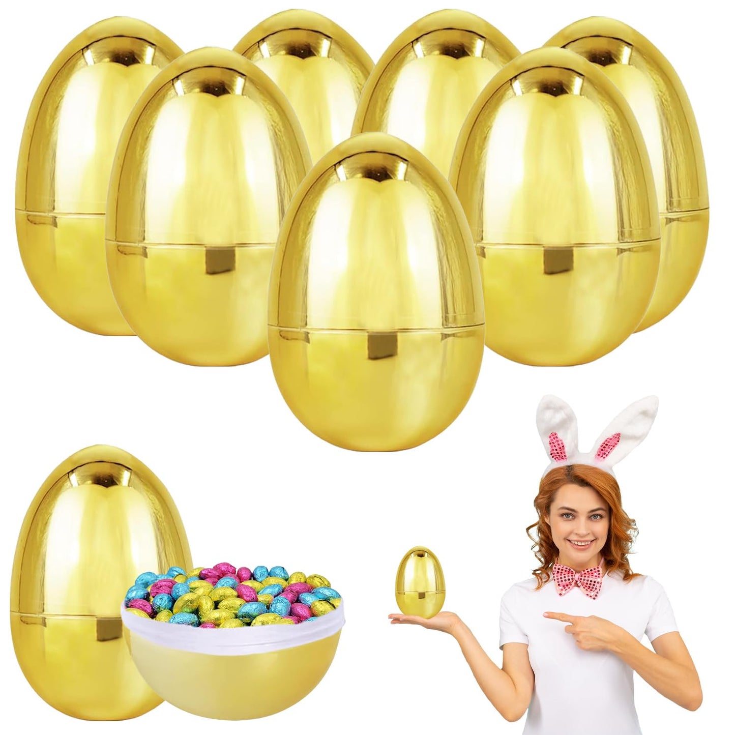Chochkees 6 Inch Jumbo Golden Easter Eggs 6 Pack Metallic Gold, Goodie Basket Prize, 6'' Inch (6-Pack)
