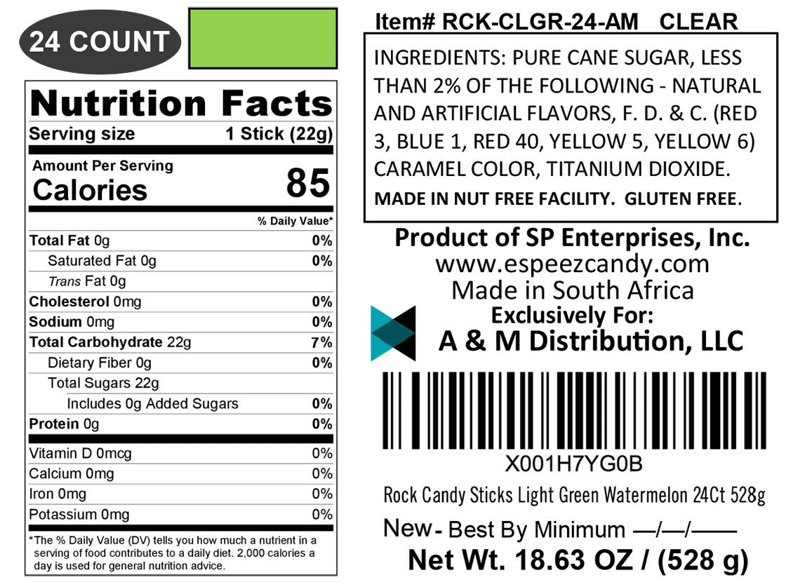 Espeez Extra Large Rock Candy Sticks - 24 Count Watermelon - Individually Wrapped - Light Green for Parties and Celebrations