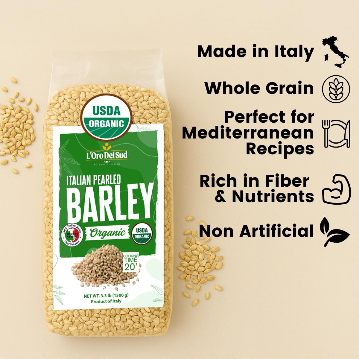 LOro Del Sud Organic Pearled Barley, Whole Grain, 3.3 lb (1.5 kg), USDA Certified, Mediterranean Diet Friendly, Product of Italy