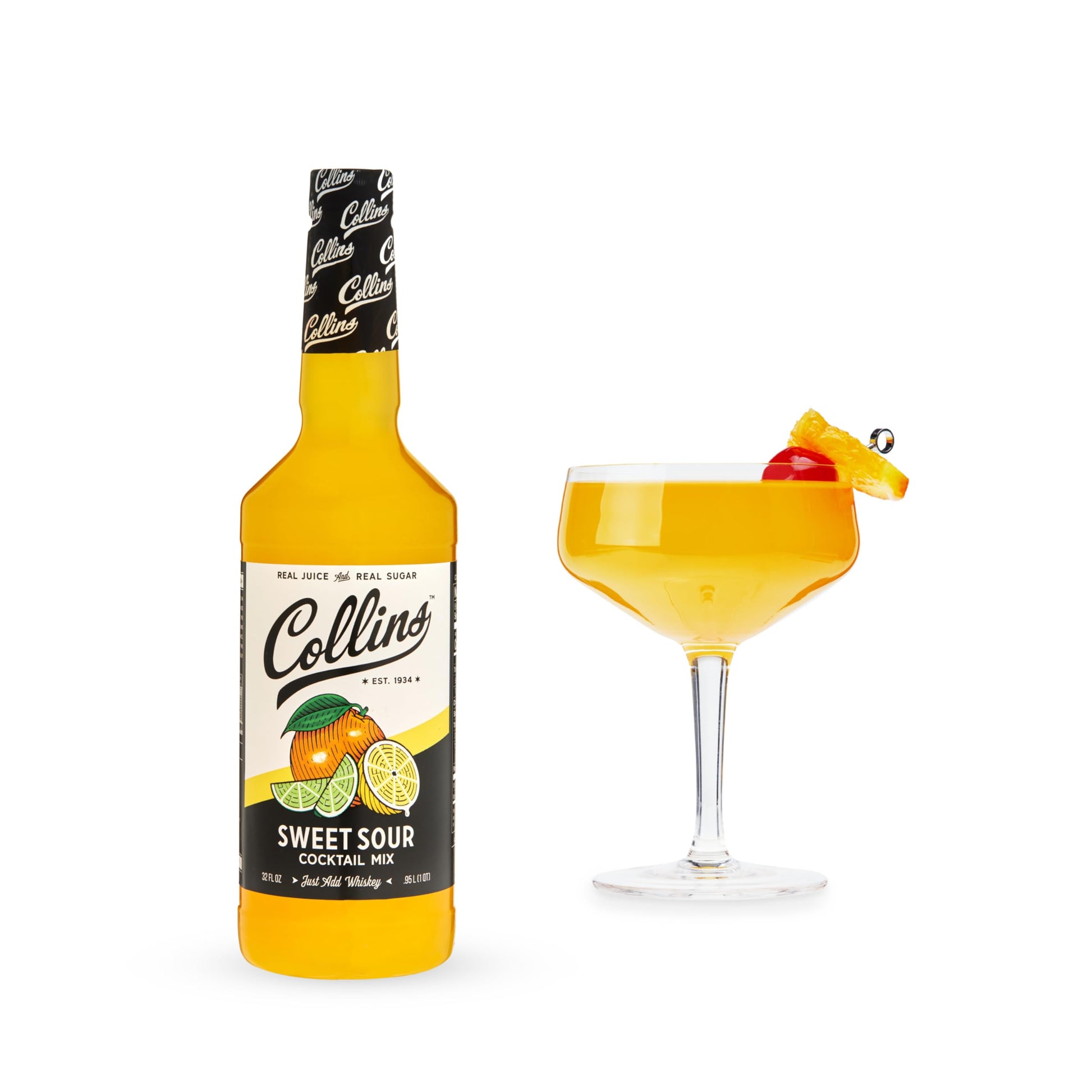Collins Sweet and Sour Mix | Classic Cocktail Ingredient | 32 Fl Oz | Black | Model S128