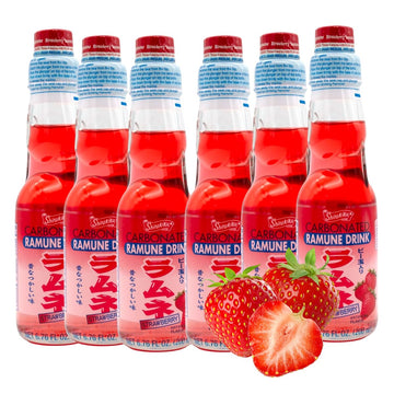 Ramune Japanese carbonated soft drink MARBLE SODA Fun and Nostalgia, Strawberry Flavor Pack of 6