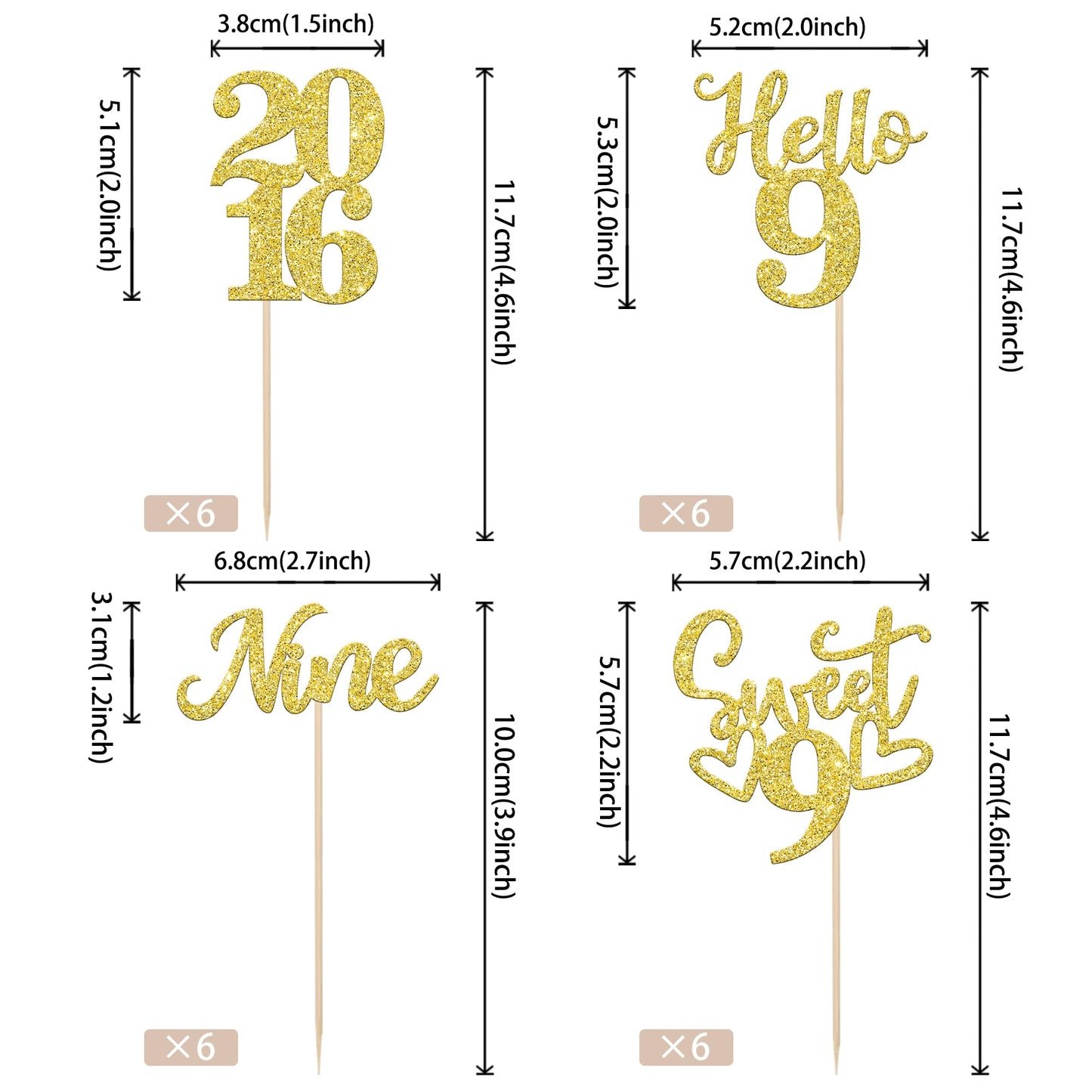 24 Pcs Glitter 9Th Birthday Cupcake Toppers Hello 9 Nine Cupcake Picks Sweet 9 Since 2014 Cupcake Topper For Happy 9Th Birthday