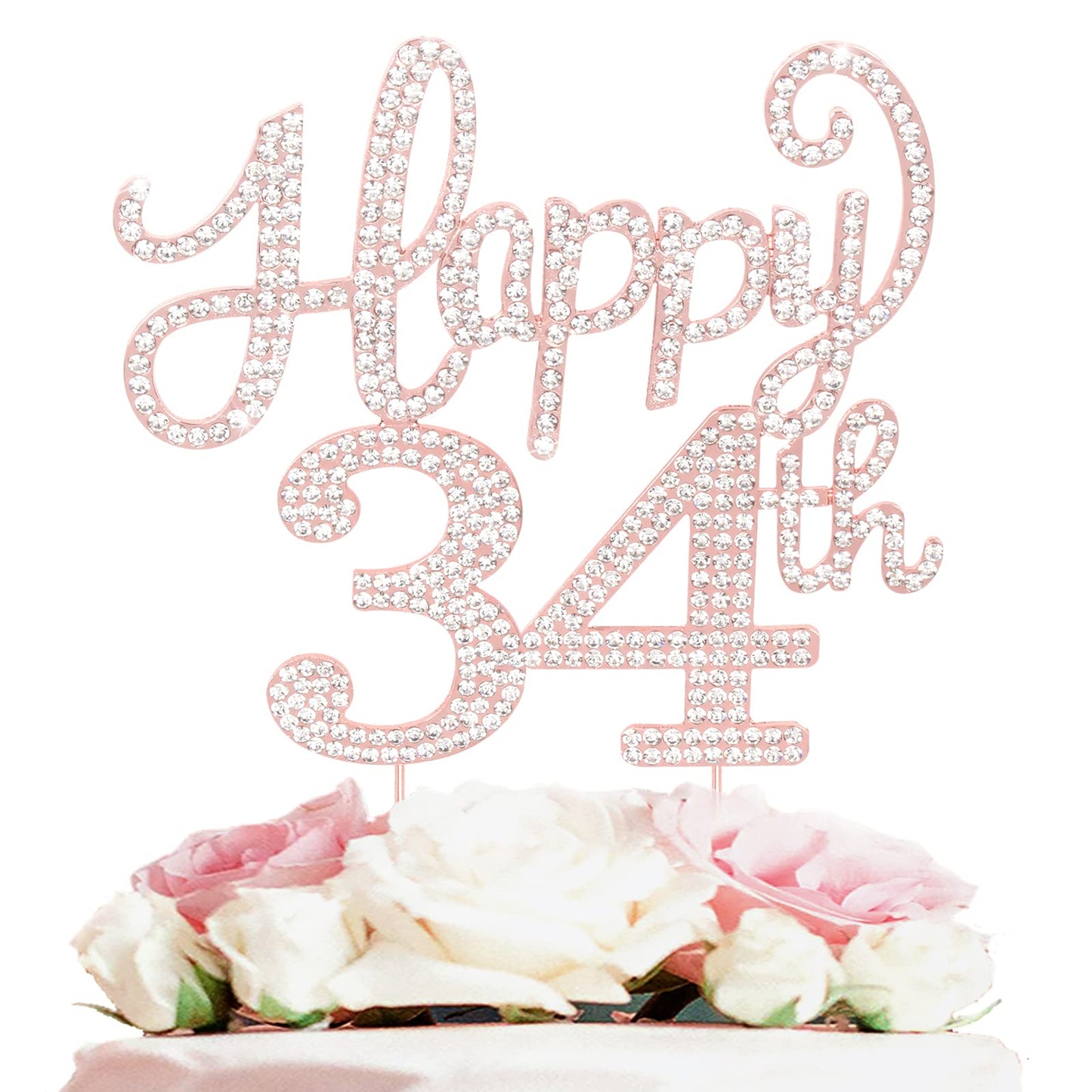 Happy 34Th Birthday Rose Gold Rhinestone Cake Topper - 34Th Birthdayanniversary,Cheers To 34 Years Old Bday Party Metal Sparkly