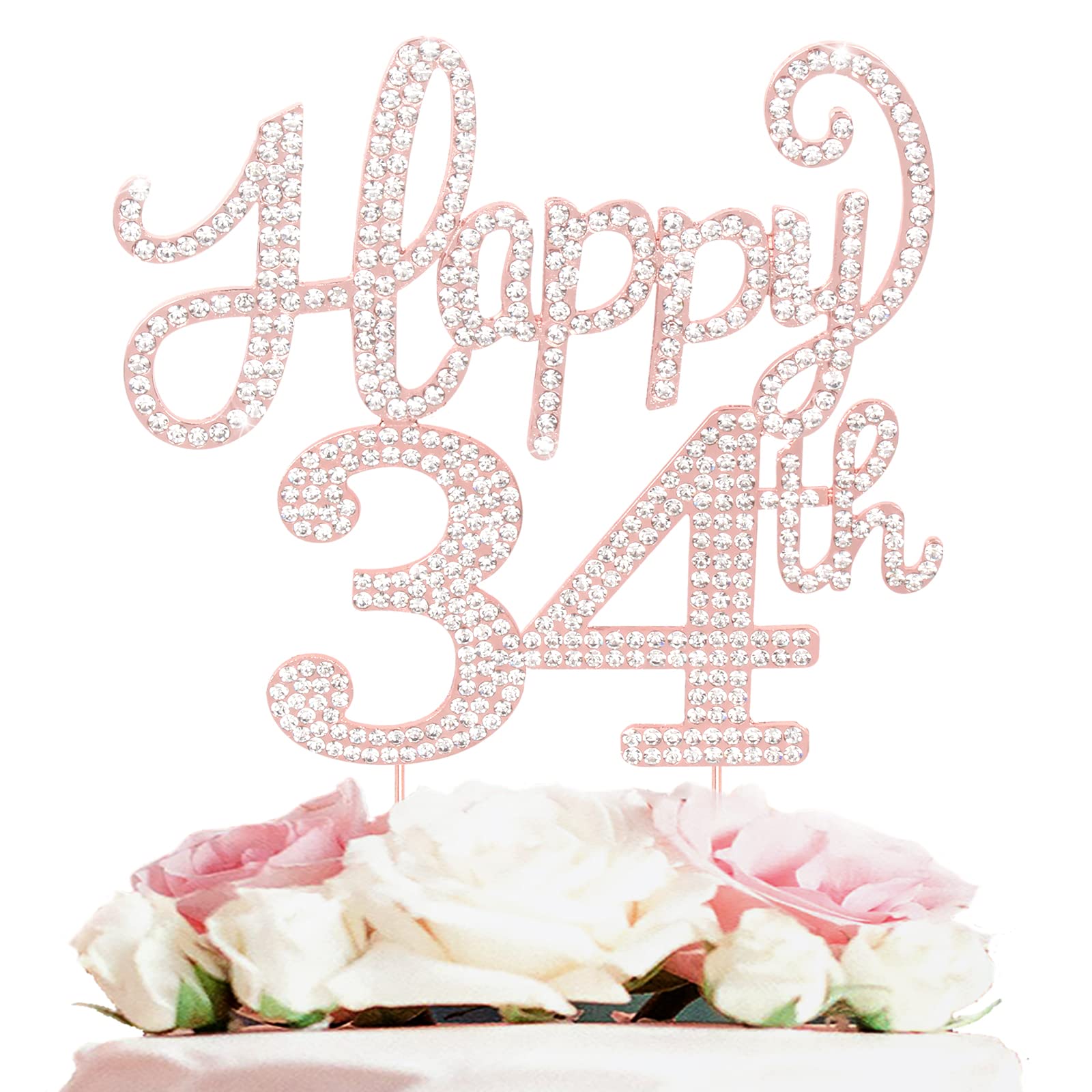 Happy 34Th Birthday Rose Gold Rhinestone Cake Topper - 34Th Birthdayanniversary,Cheers To 34 Years Old Bday Party Metal Sparkly