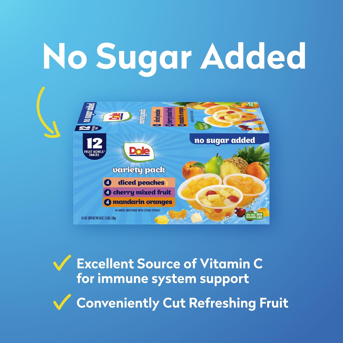 Dole Diced Peaches, Mandarin Oranges, and Cherry Mixed Fruit with No Sugar Added Variety Pack - Dole Fruit Bowls Snacks - 4 oz B