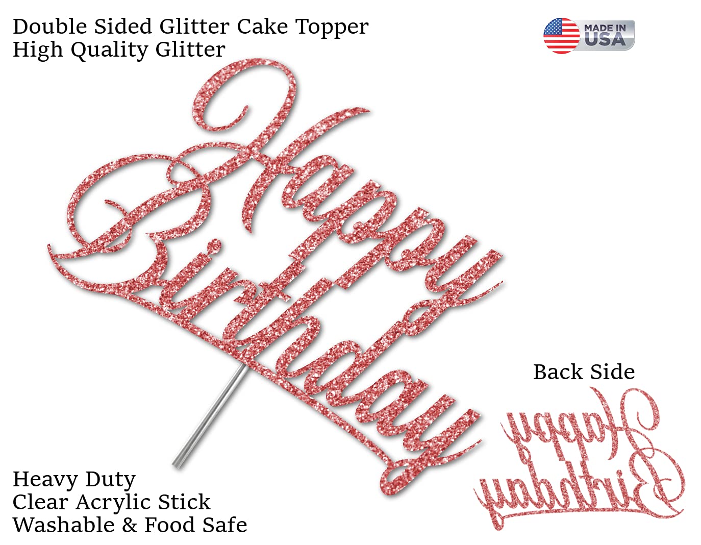 RokAPary Happy Birthday Glitter Cake Topper, Acrylic, Double-Sided, Rose Gold