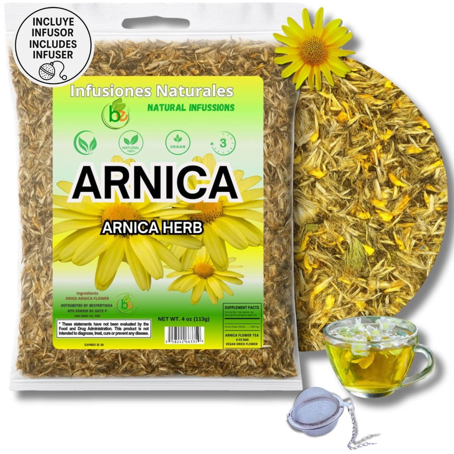 BEXPERTSUSA Arnica Flor Herbal Tea Loose Leaf 4 oz - Caffeine-Free, Non-GMO, Vegan, Wildcrafted from Mexico with Stainless Steel Infuser