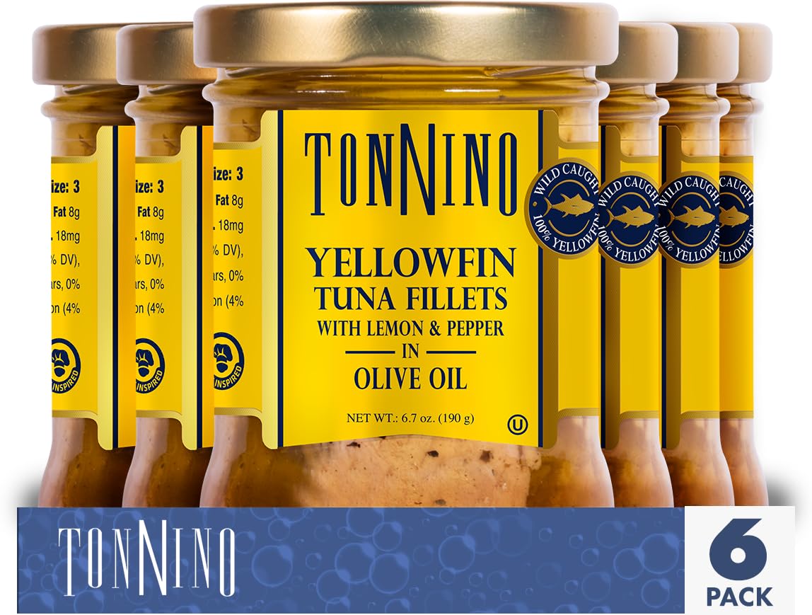 Tonnino Yellowfin Tuna with Lemon Pepper in Olive Oil 6.7oz 6-Pack Omega-3, High Protein, Gluten-Free, Ready-to-Eat Tuna Packets