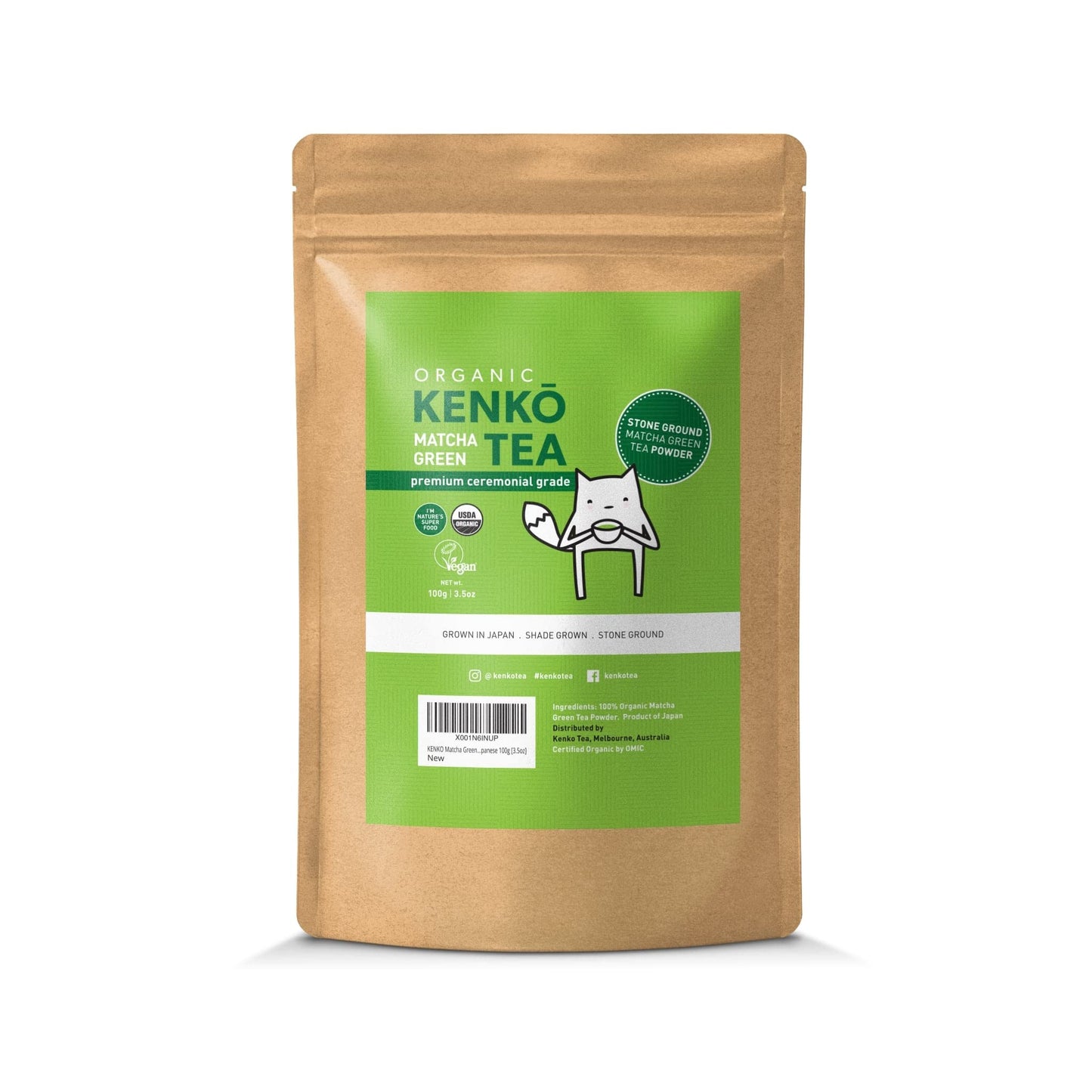 Kenko Tea Matcha Green Powder, USDA Organic, First Harvest, 3.5oz Bag, Green, Ceremonial Grade, 50 Servings