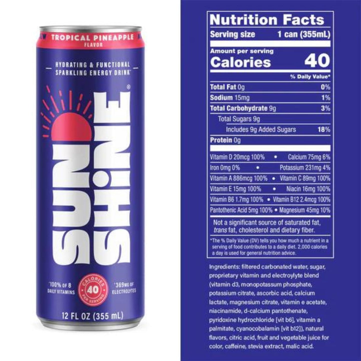 Legendary Sunshine Sparkling Energy Drink, Tropical Pineapple, 360mg Electrolytes, 70mg Caffeine, 12 Fl Oz, Pack of 24